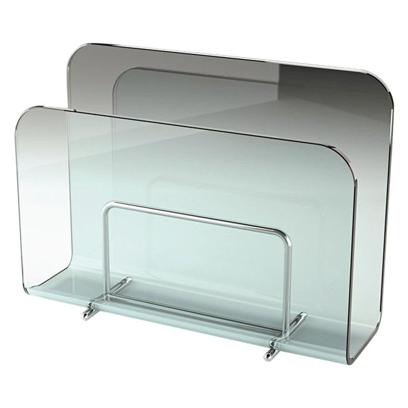 Air Magazine Rack Casted in One Slab of Curved Clear Glass For Sale