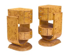 air of Austrian Art Deco Burl Wood Waterfall Side Tables with Drawers