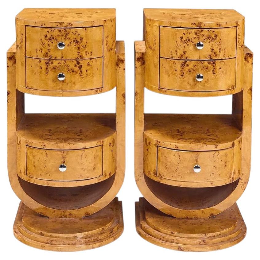 air of Austrian Art Deco Burl Wood Waterfall Side Tables with Drawers