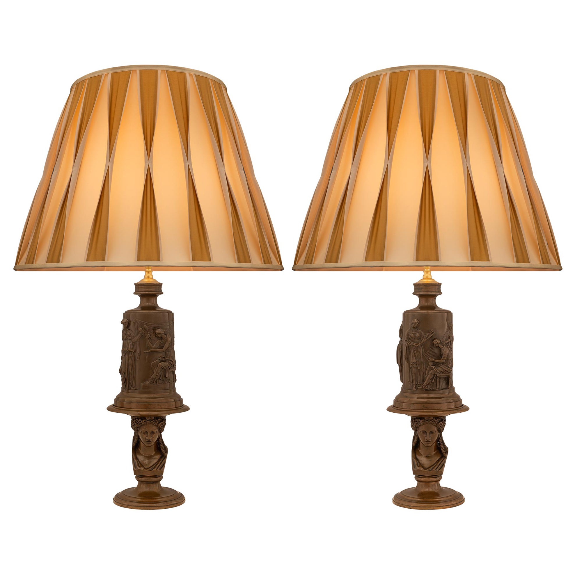 air Of French 19th Century Grand Tour Period Bronze Lamps, Signed Barbedienne