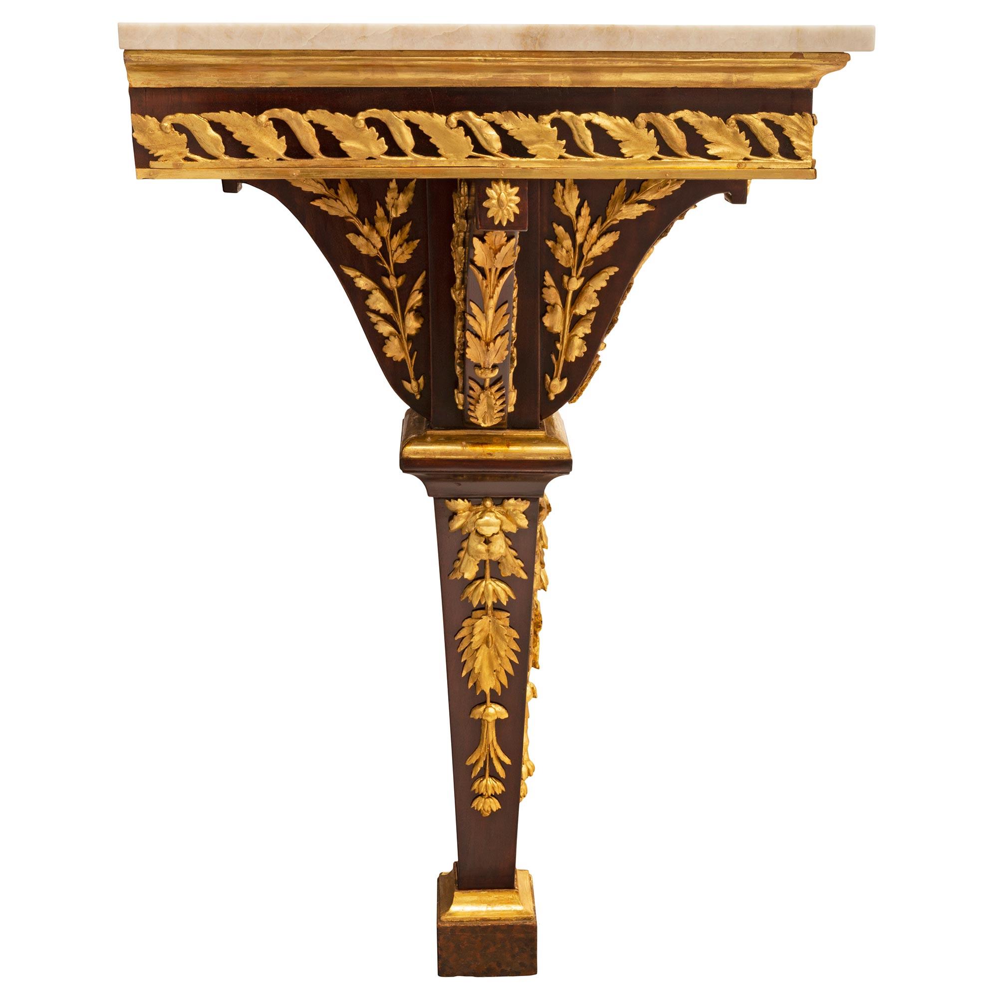 Air of Italian 19th Century Louis XVI St. Walnut, Giltwood, and Marble Consoles For Sale 1