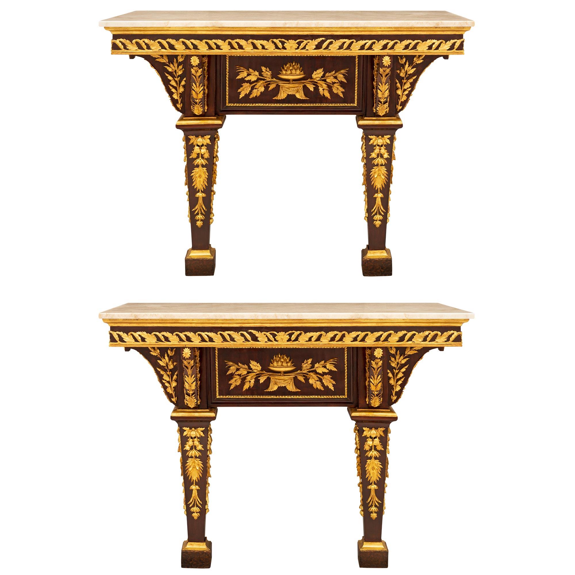 Air of Italian 19th Century Louis XVI St. Walnut, Giltwood, and Marble Consoles