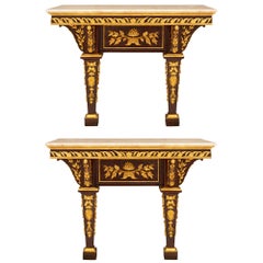 Consoles Louis XVI du 19ème siècle style italien en noyer, bois doré et marbre