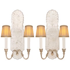 Vintage Air of Italian 20th Century Venetian St. Silvered Bronze & Etched Glass Sconces