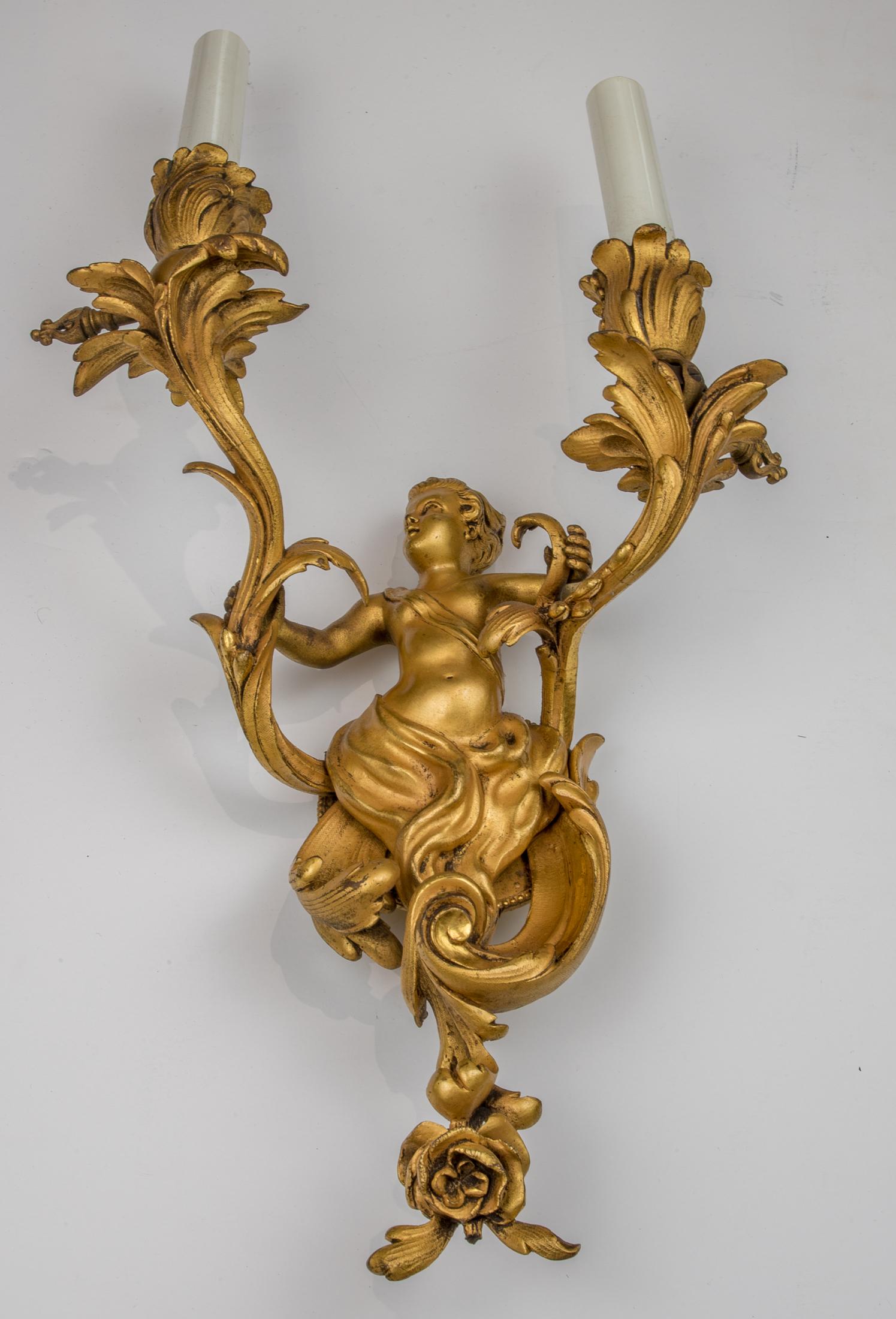French Pair of Louis XV Style Gilt Bronze Two-Light Wall Sconces