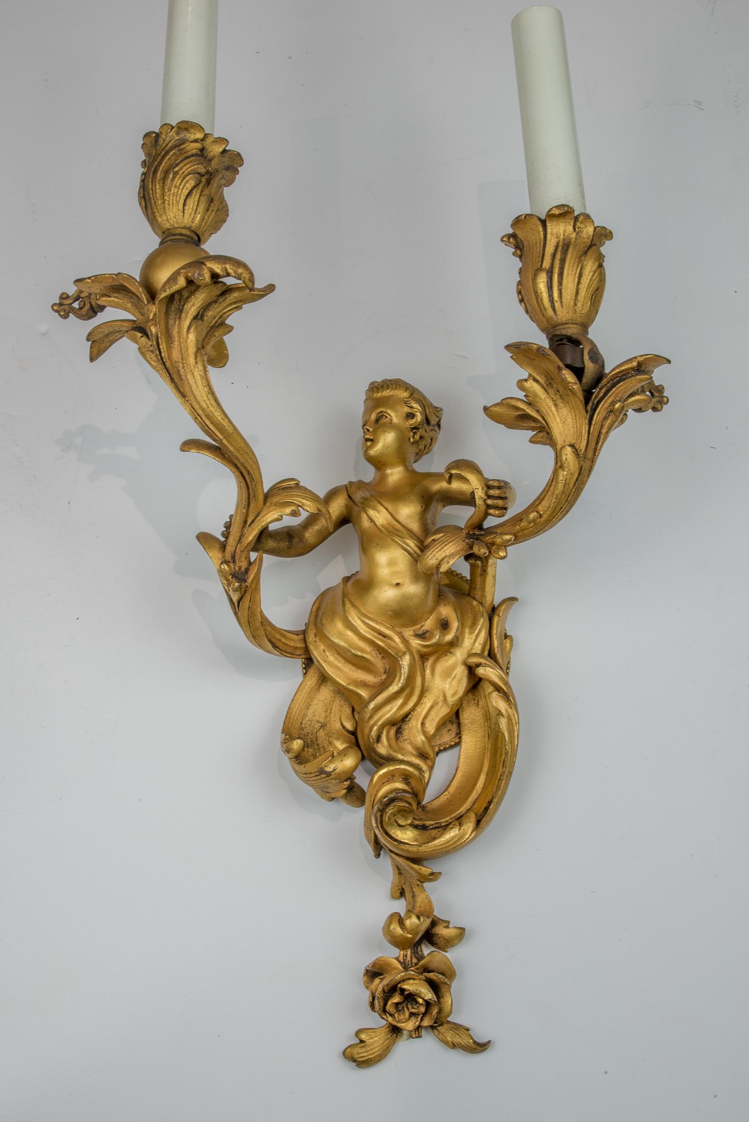 Pair of Louis XV Style Gilt Bronze Two-Light Wall Sconces In Excellent Condition In New York, NY