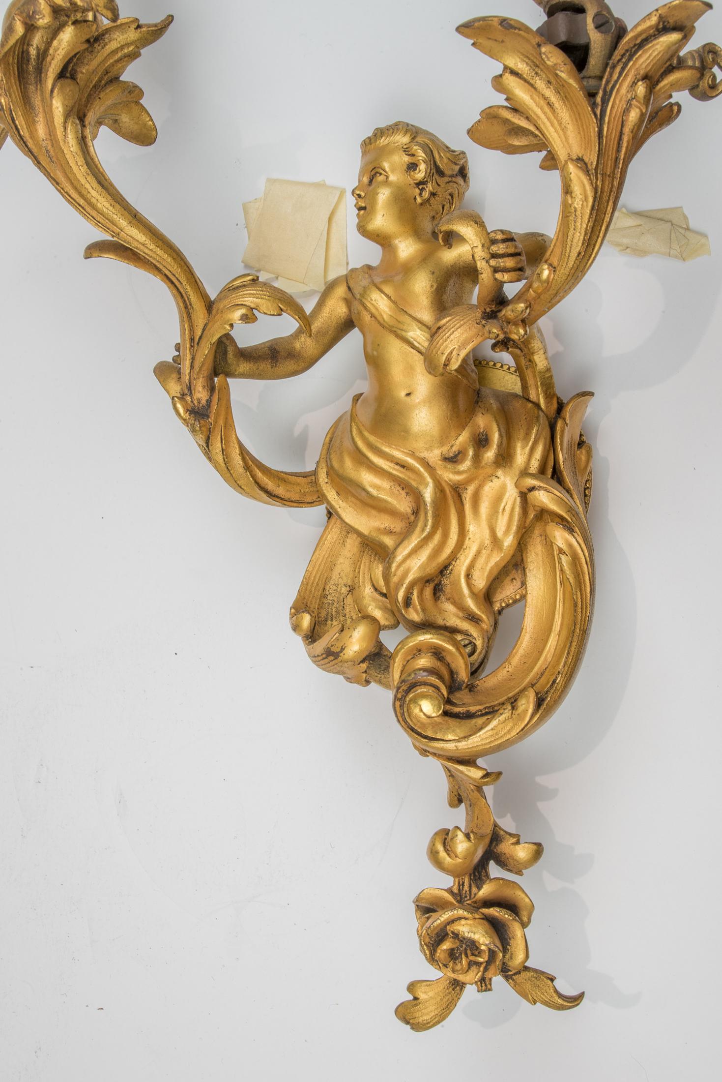 19th Century Pair of Louis XV Style Gilt Bronze Two-Light Wall Sconces