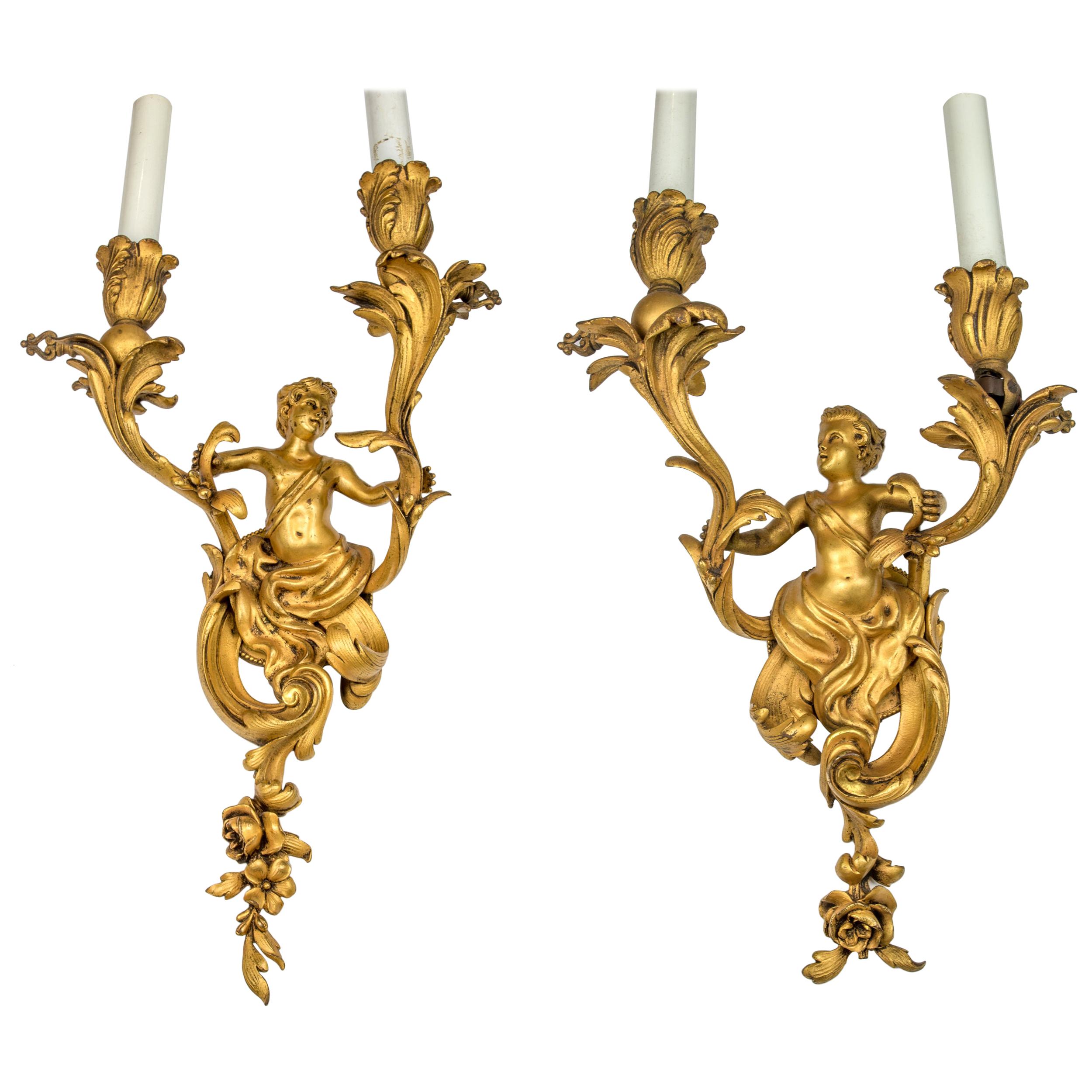 Pair of Louis XV Style Gilt Bronze Two-Light Wall Sconces