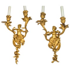 Pair of Louis XV Style Gilt Bronze Two-Light Wall Sconces