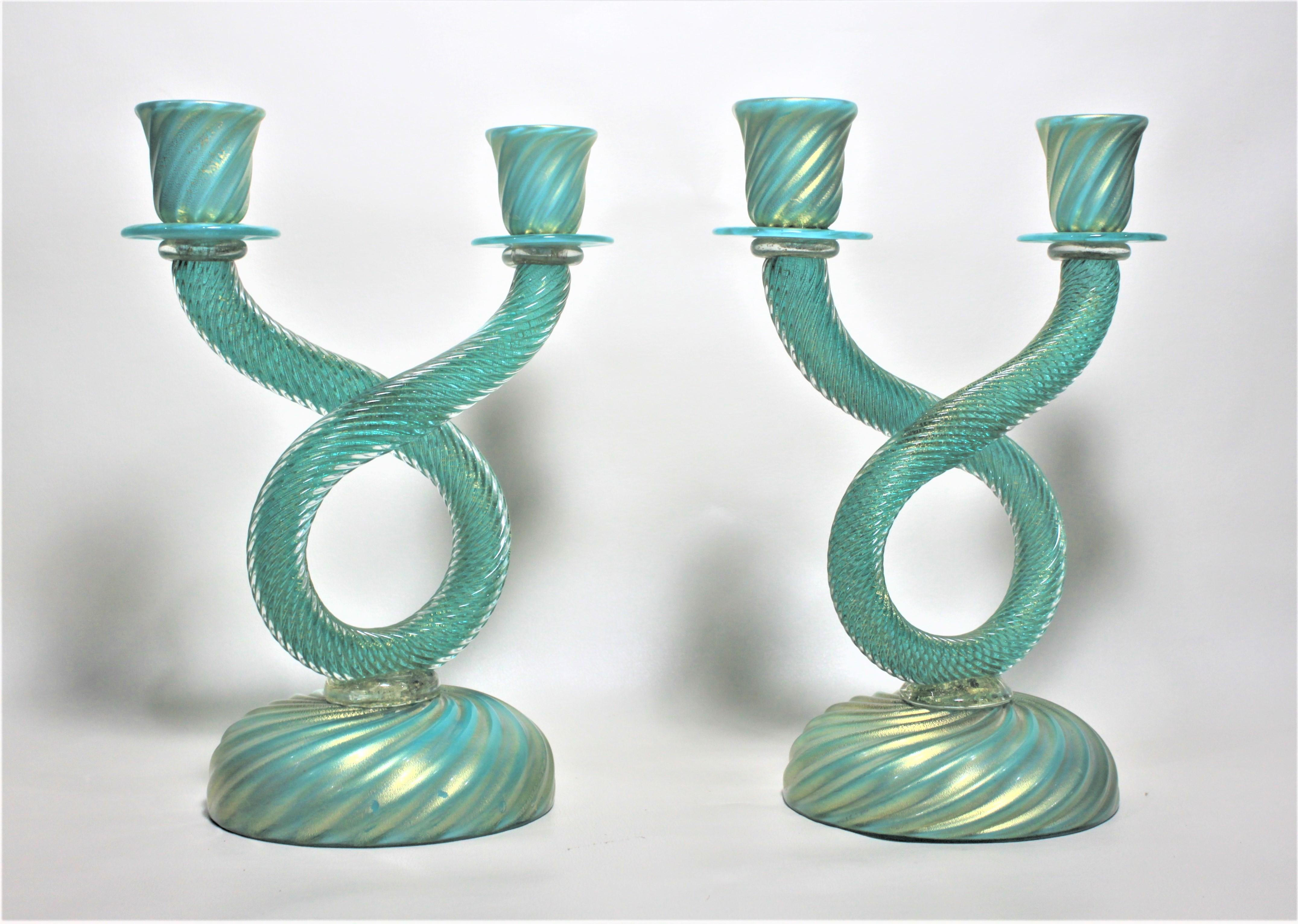 Mid-Century Modern Pair of Mid Century Murano Cased Green & Blue Art Glass Candlesticks