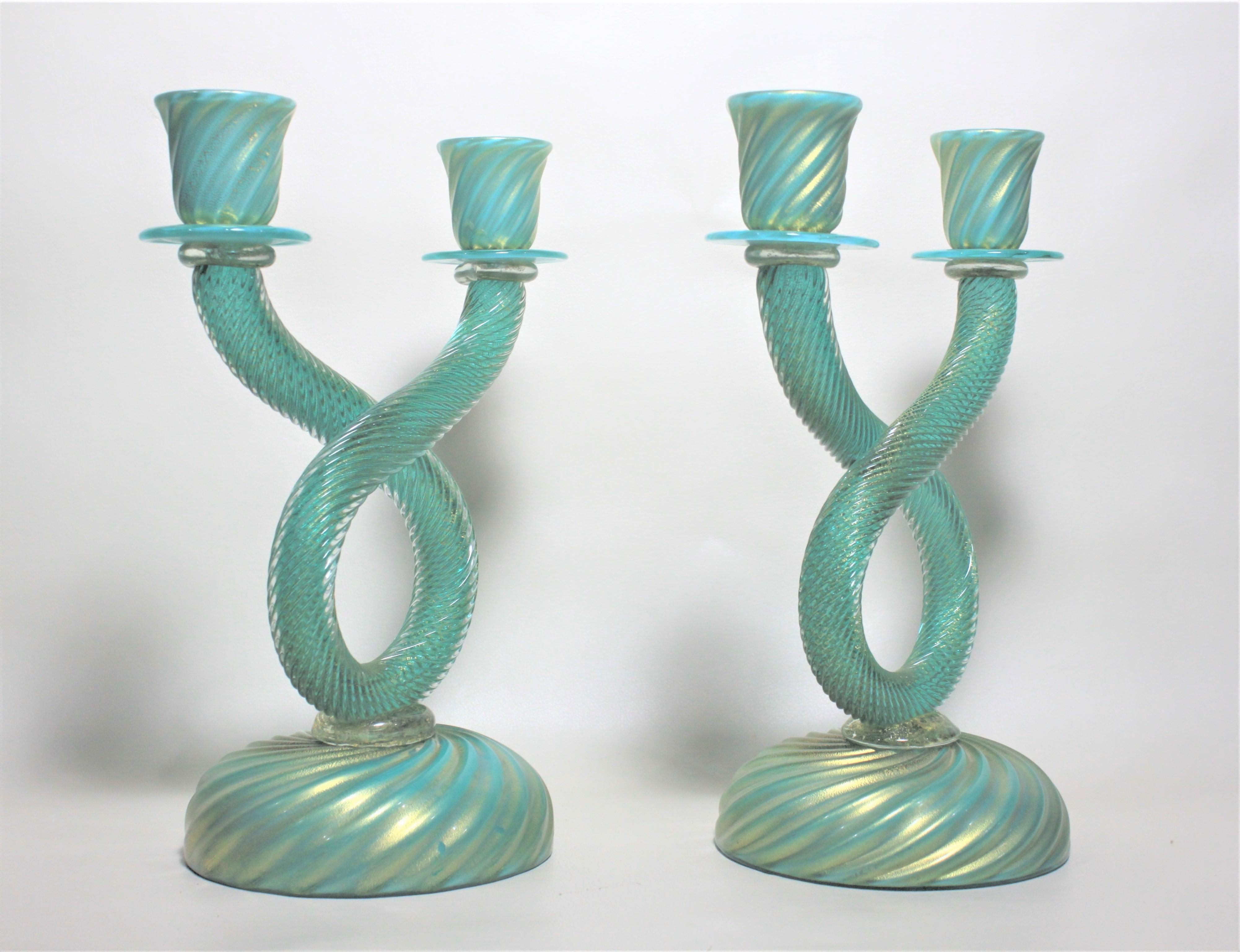 Italian Pair of Mid Century Murano Cased Green & Blue Art Glass Candlesticks