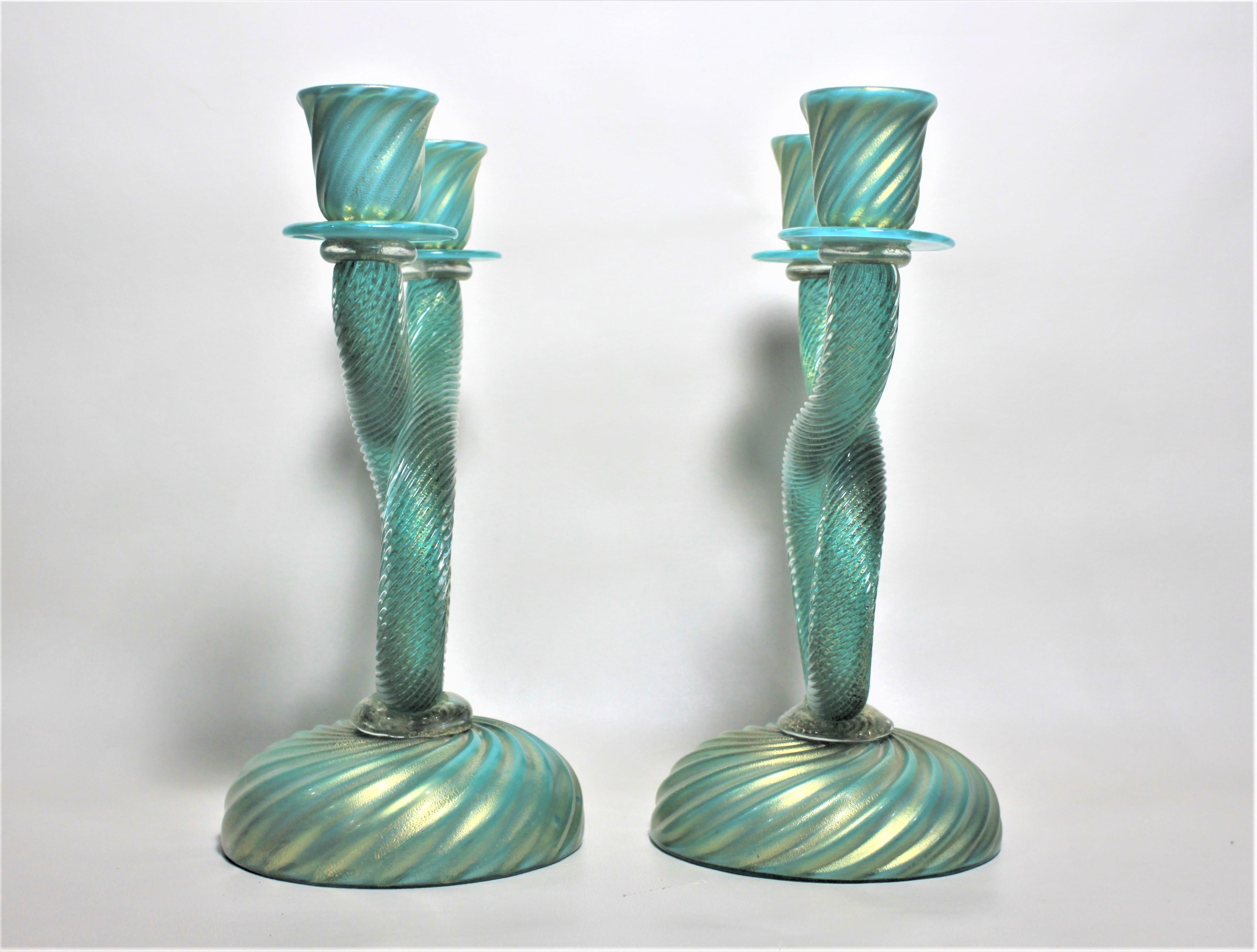 Hand-Crafted Pair of Mid Century Murano Cased Green & Blue Art Glass Candlesticks