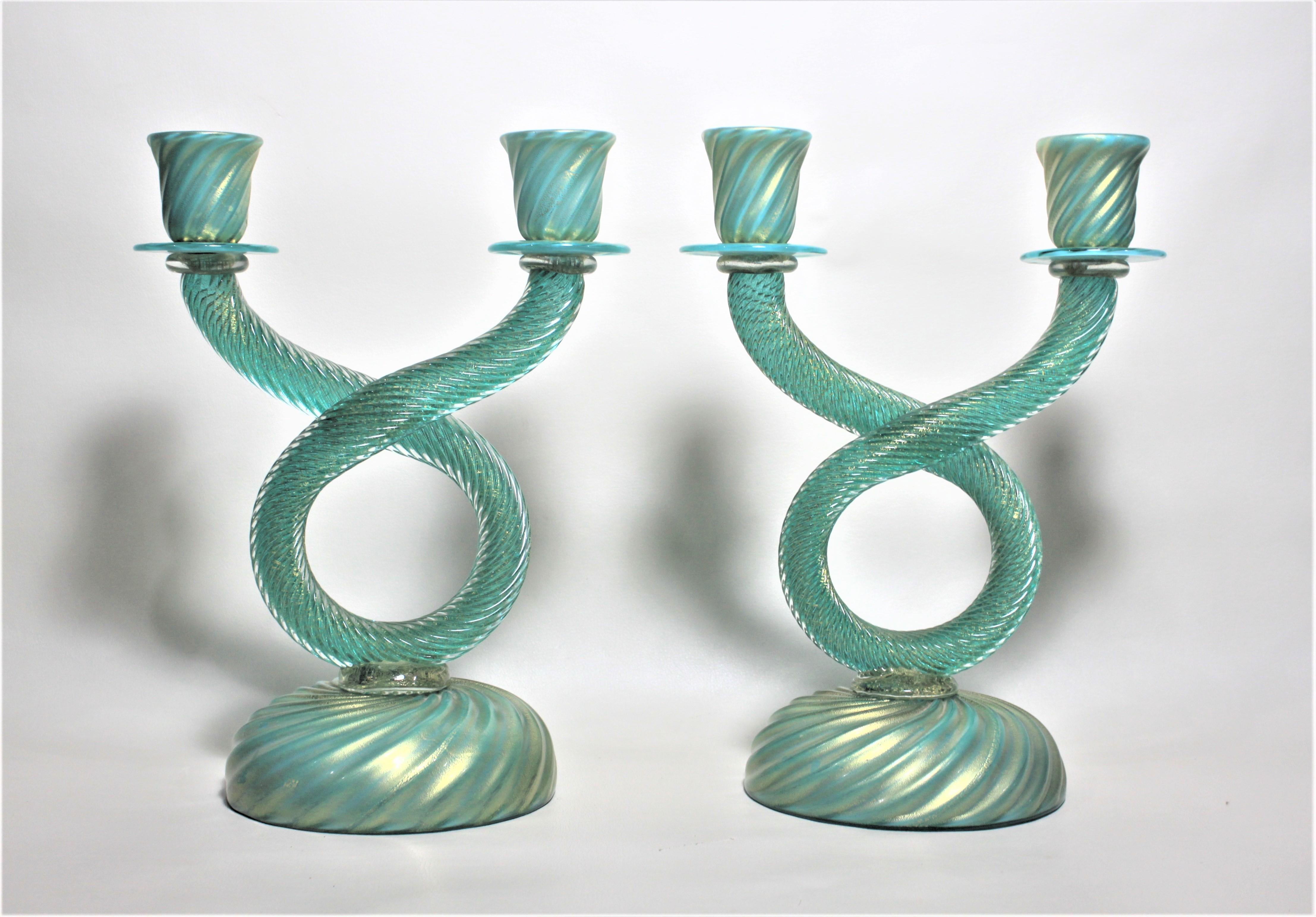 Pair of Mid Century Murano Cased Green & Blue Art Glass Candlesticks In Good Condition In Hamilton, Ontario