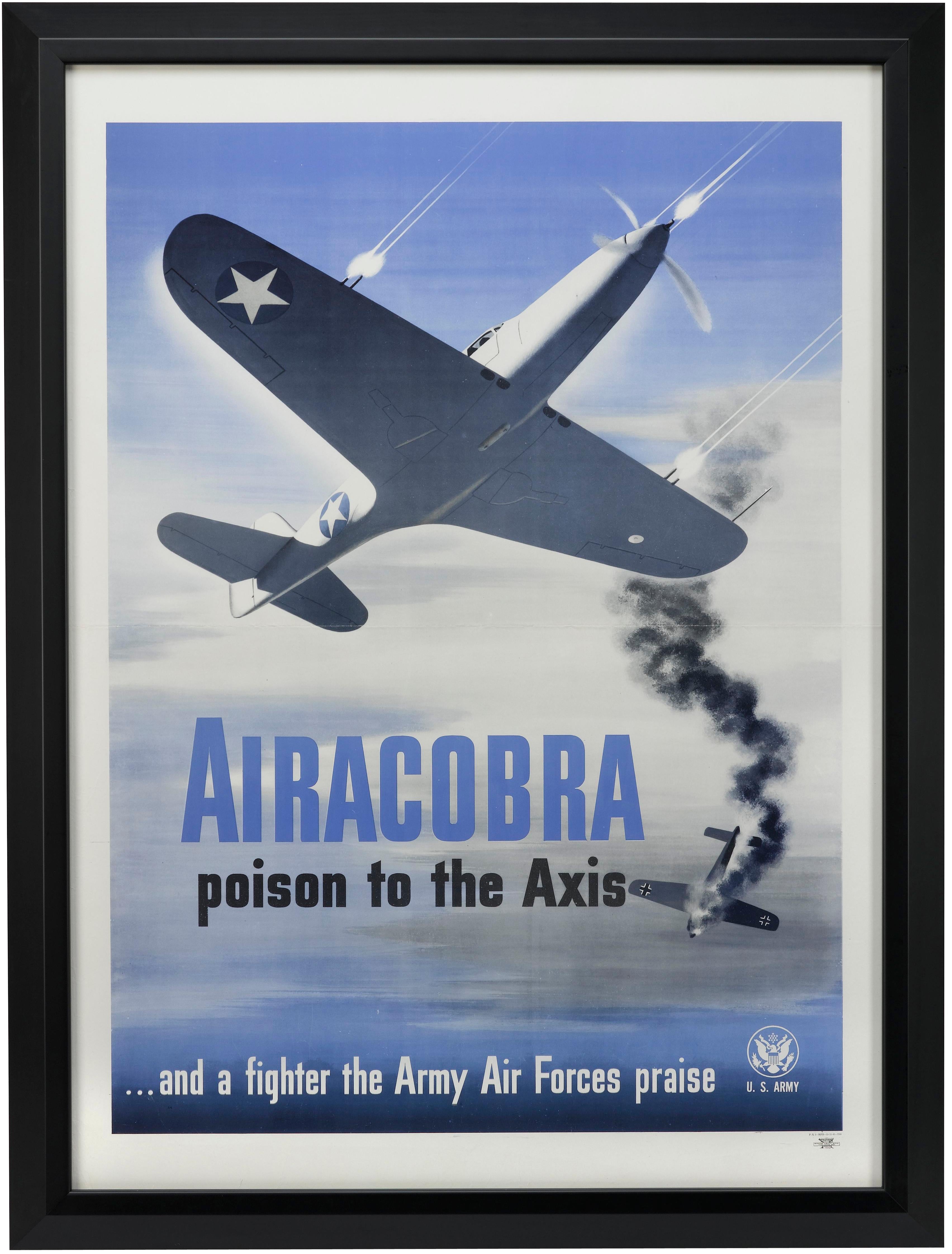 Presented is a vintage WWII U.S. Army poster of a P-39 Airacobra fighter plane. The poster was published by the Recruiting Publicity Bureau in 1943. The poster depicts a P-39 mid-battle, set against a bright blue sky. The P-39 fires a round from its