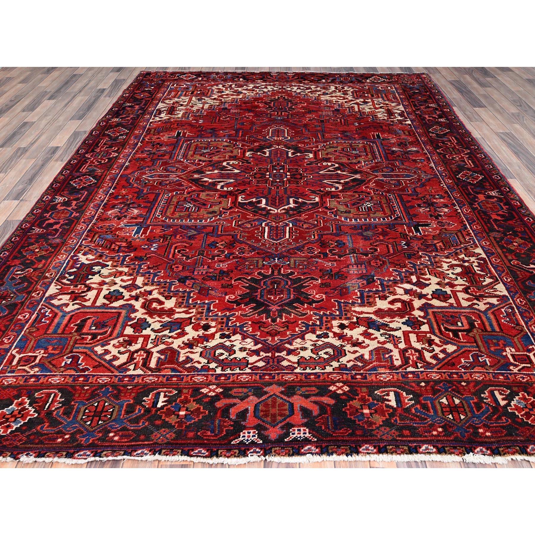 Medieval Airbnb Red Vintage Persian Heriz Cleaned Abrash Sides and Ends Hand Knotted Rug For Sale