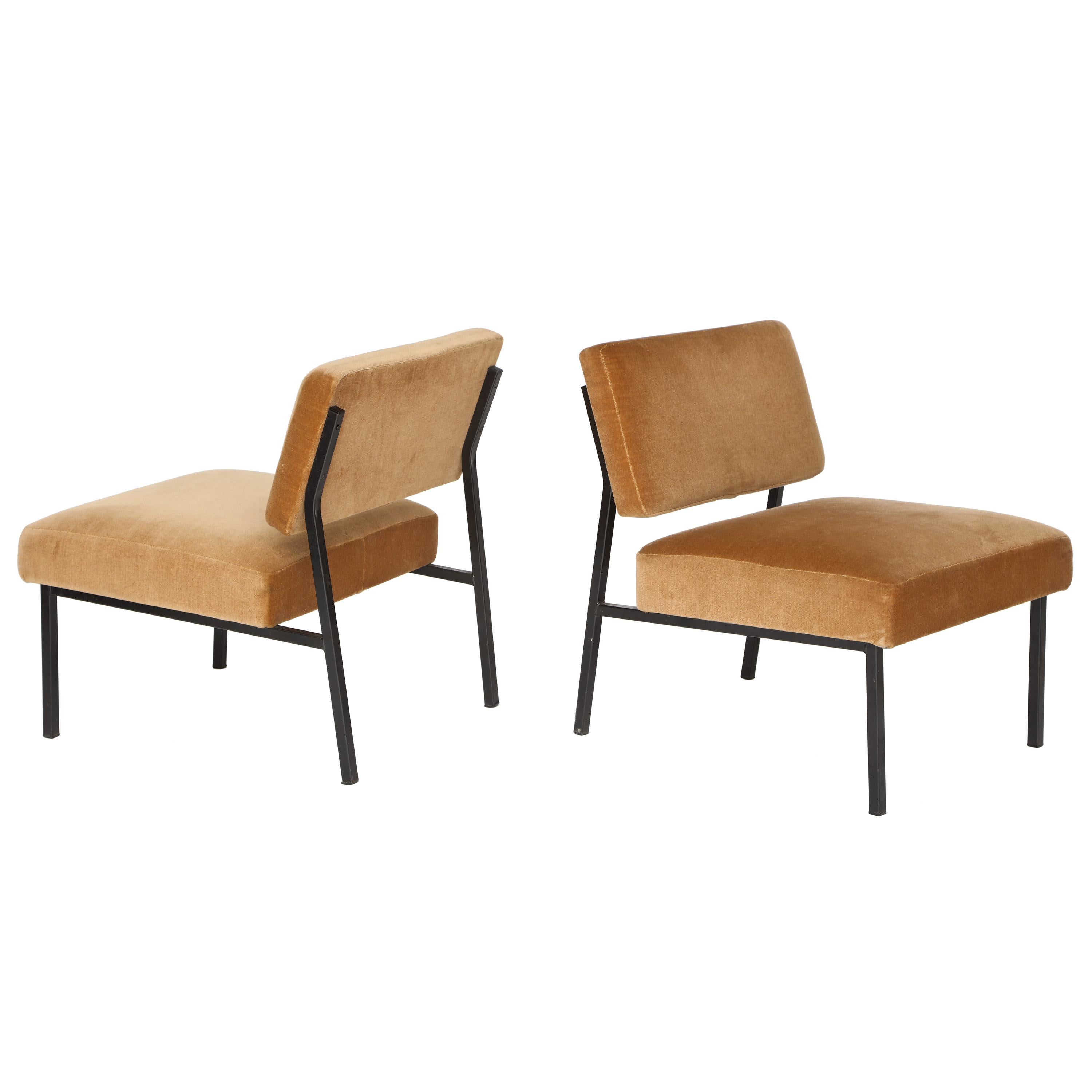 Airborne Iron and Velvet Slipper Chairs Midcentury Brown 1950, France