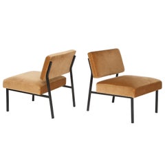 Airborne Iron and Velvet Slipper Chairs Midcentury Brown 1950, France