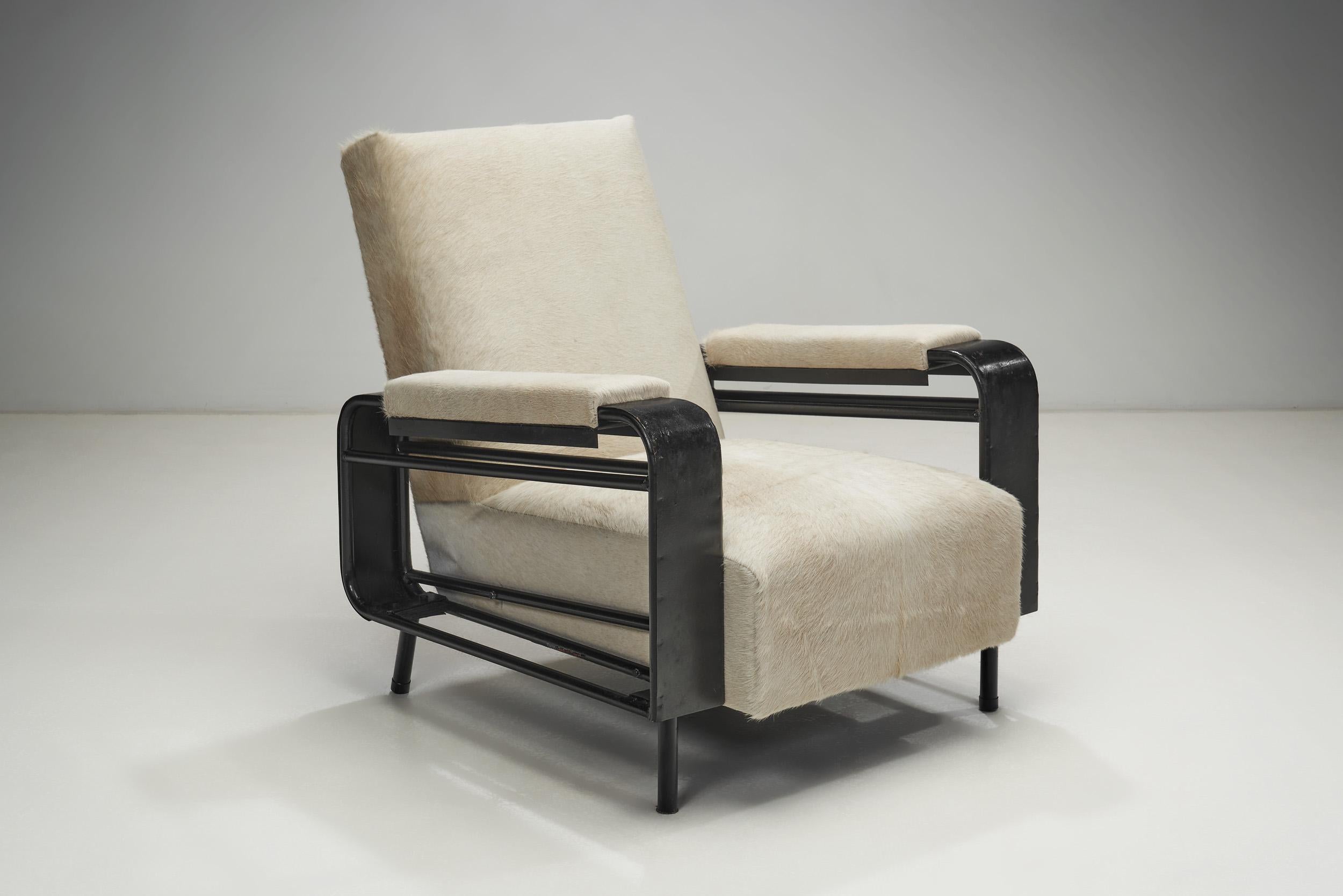 Airborne Metal Lounge Chairs Upholstered in Cow Hide, France ca 1950s For Sale 4
