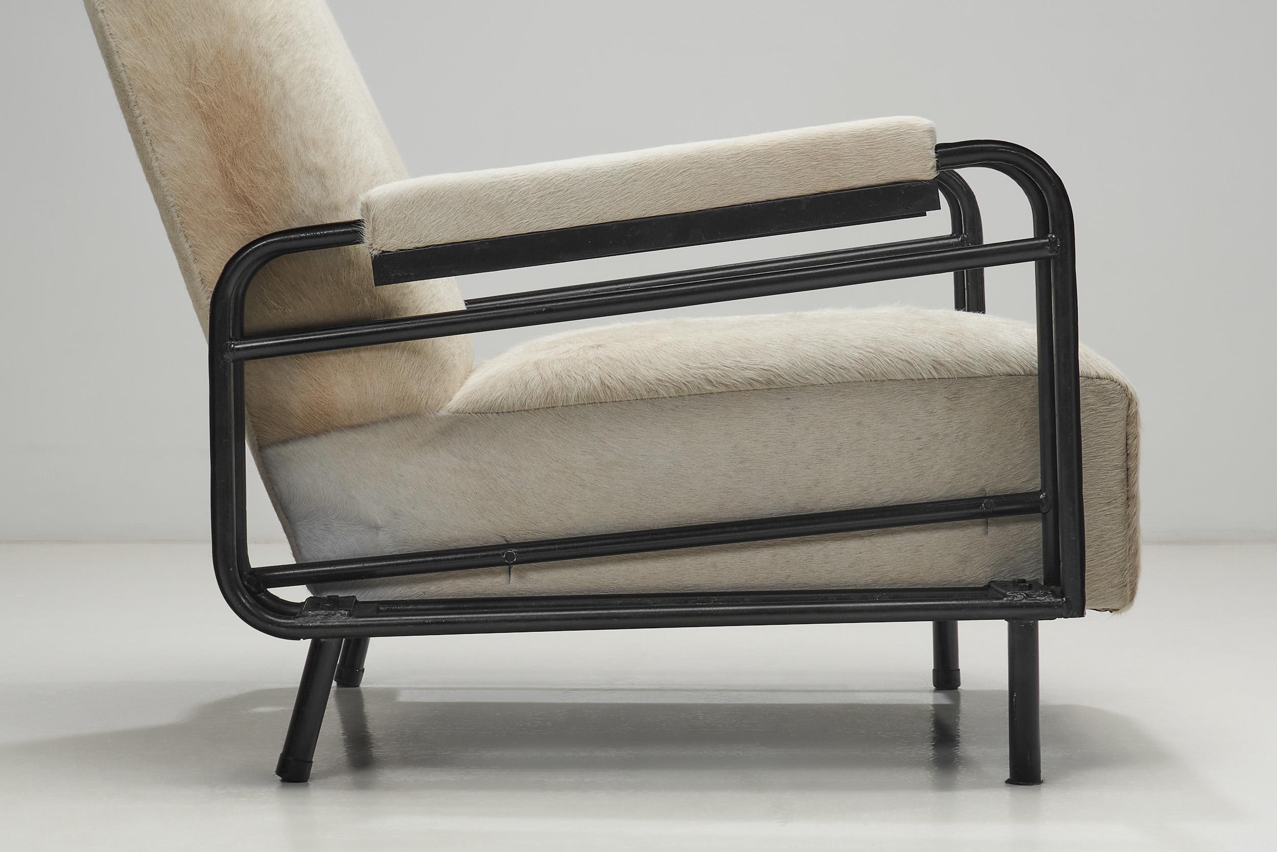 Airborne Metal Lounge Chairs Upholstered in Cow Hide, France ca 1950s For Sale 7