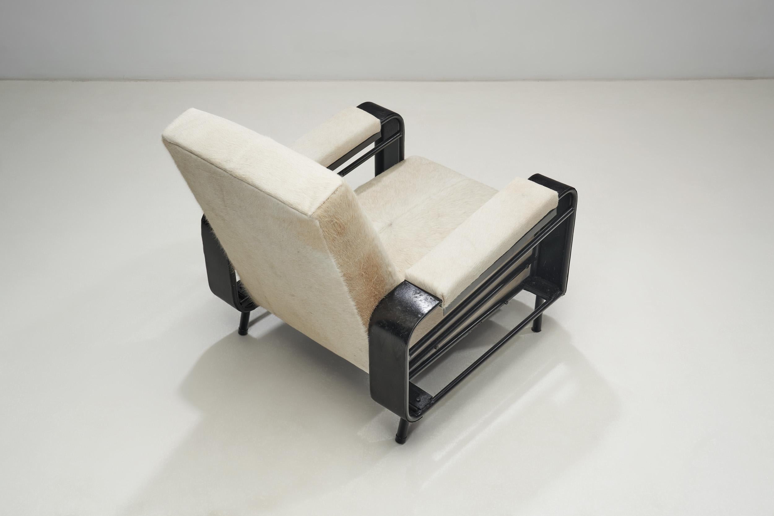 Mid-20th Century Airborne Metal Lounge Chairs Upholstered in Cow Hide, France ca 1950s For Sale