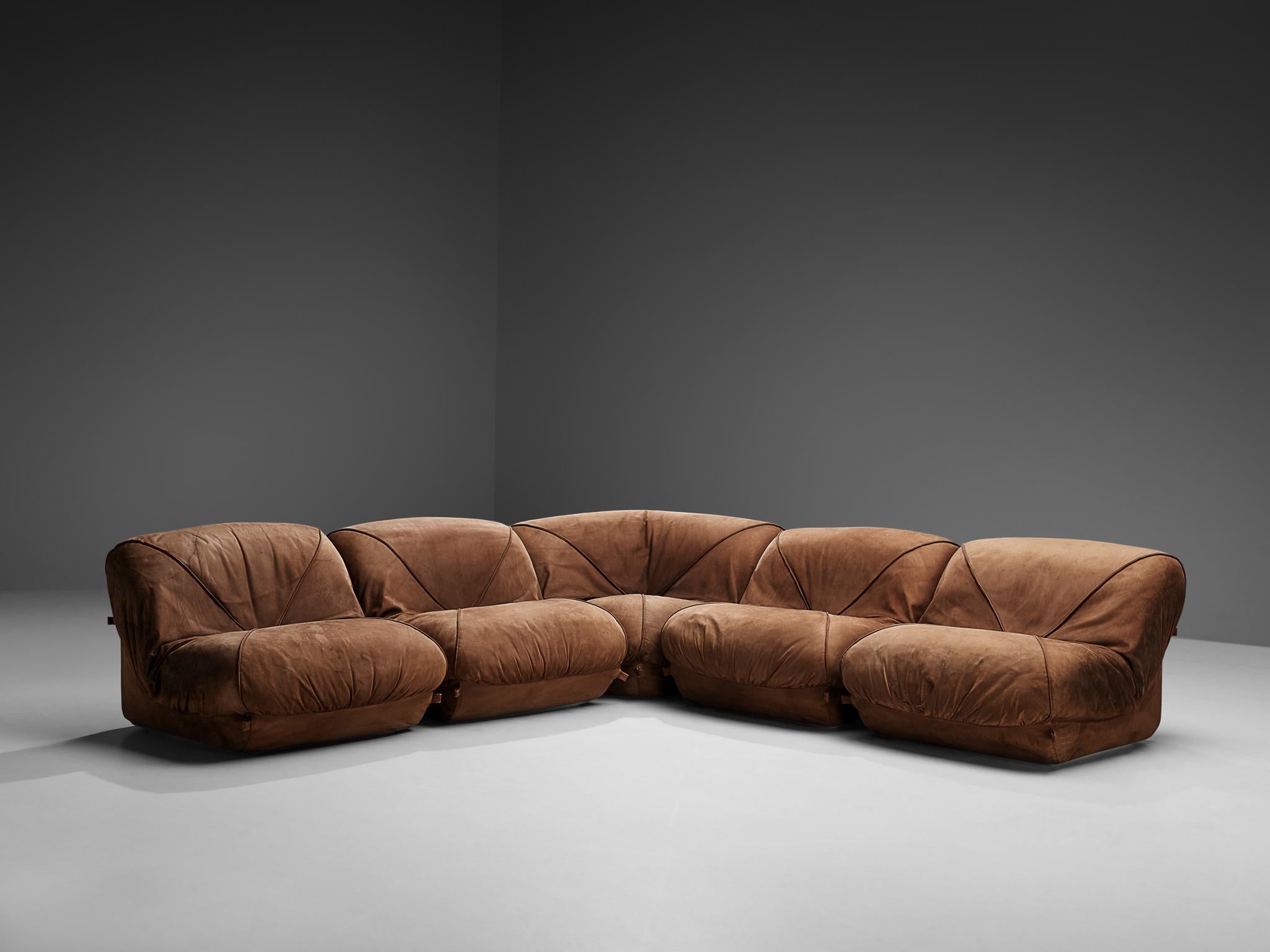 French Airborne Sectional Sofa 'Patate' in Brown Suede For Sale