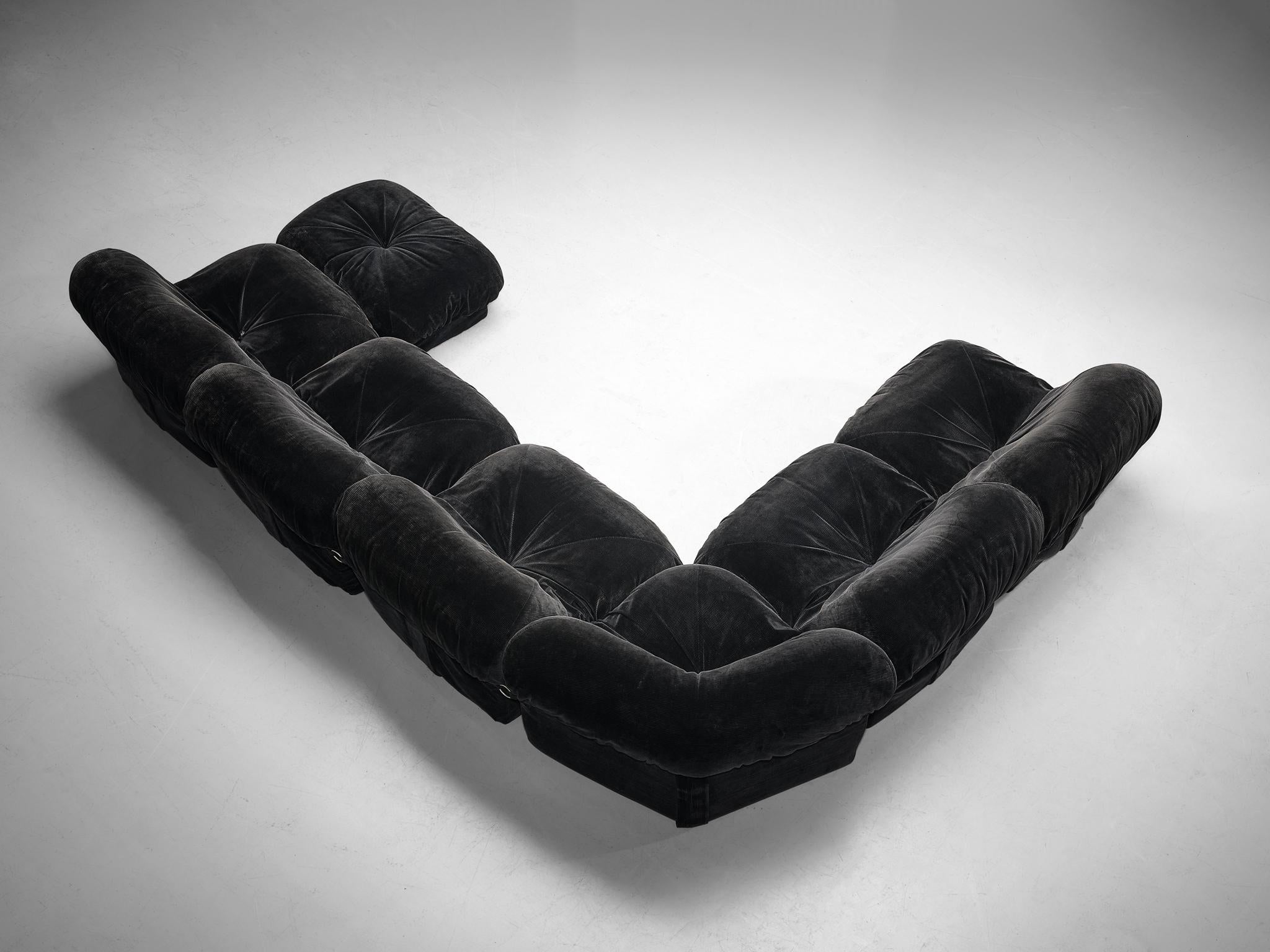 Metal Airborne Sectional Sofa with Ottoman 'Patate' in Black Velvet Corduroy  For Sale