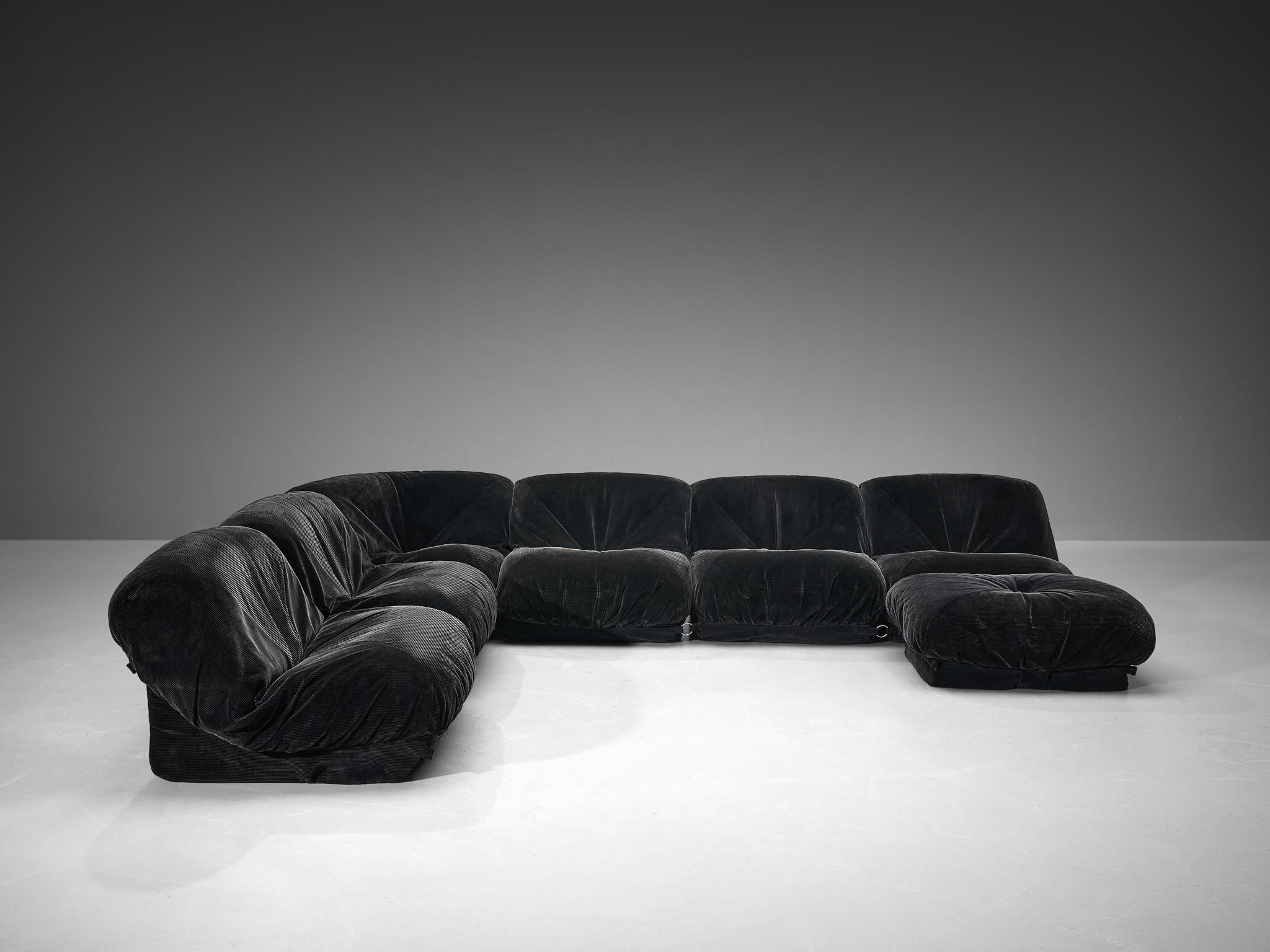 Mid-Century Modern Airborne Sectional Sofa with Ottoman 'Patate' in Black Velvet Corduroy  For Sale