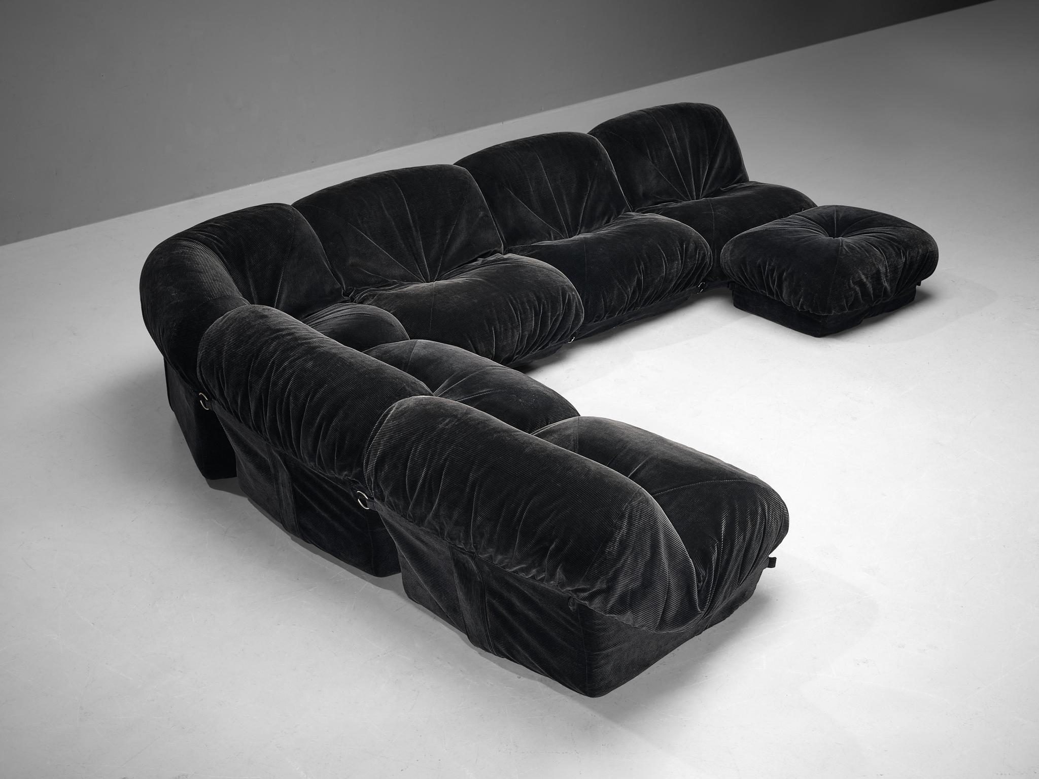 French Airborne Sectional Sofa with Ottoman 'Patate' in Black Velvet Corduroy  For Sale