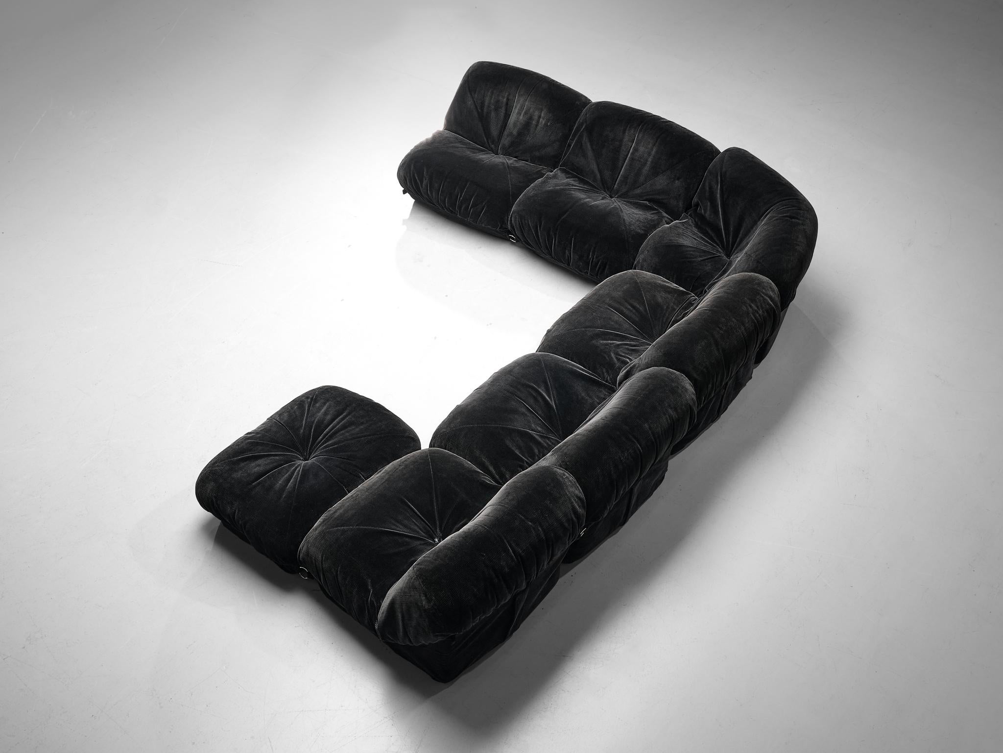 Late 20th Century Airborne Sectional Sofa with Ottoman 'Patate' in Black Velvet Corduroy  For Sale