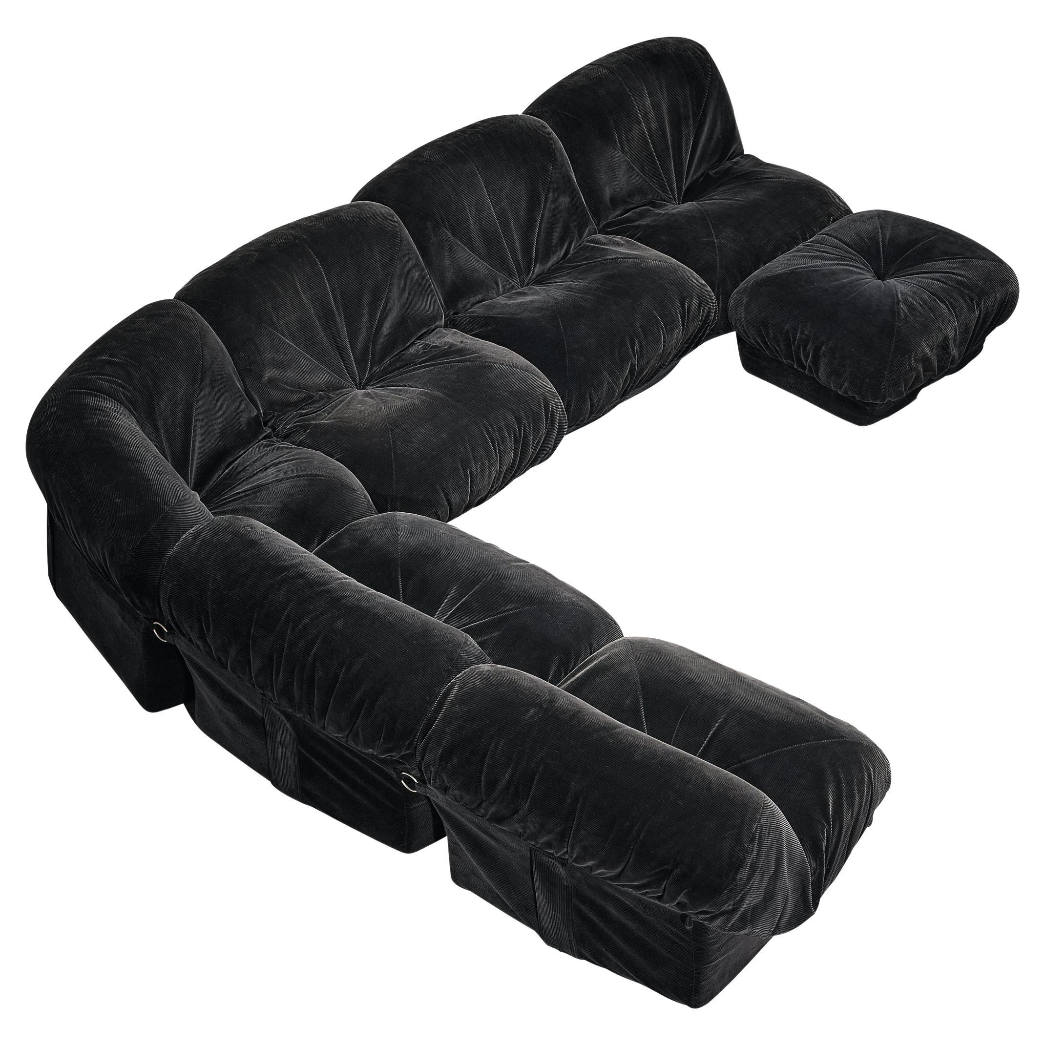 Airborne Sectional Sofa with Ottoman 'Patate' in Black Velvet Corduroy  For Sale
