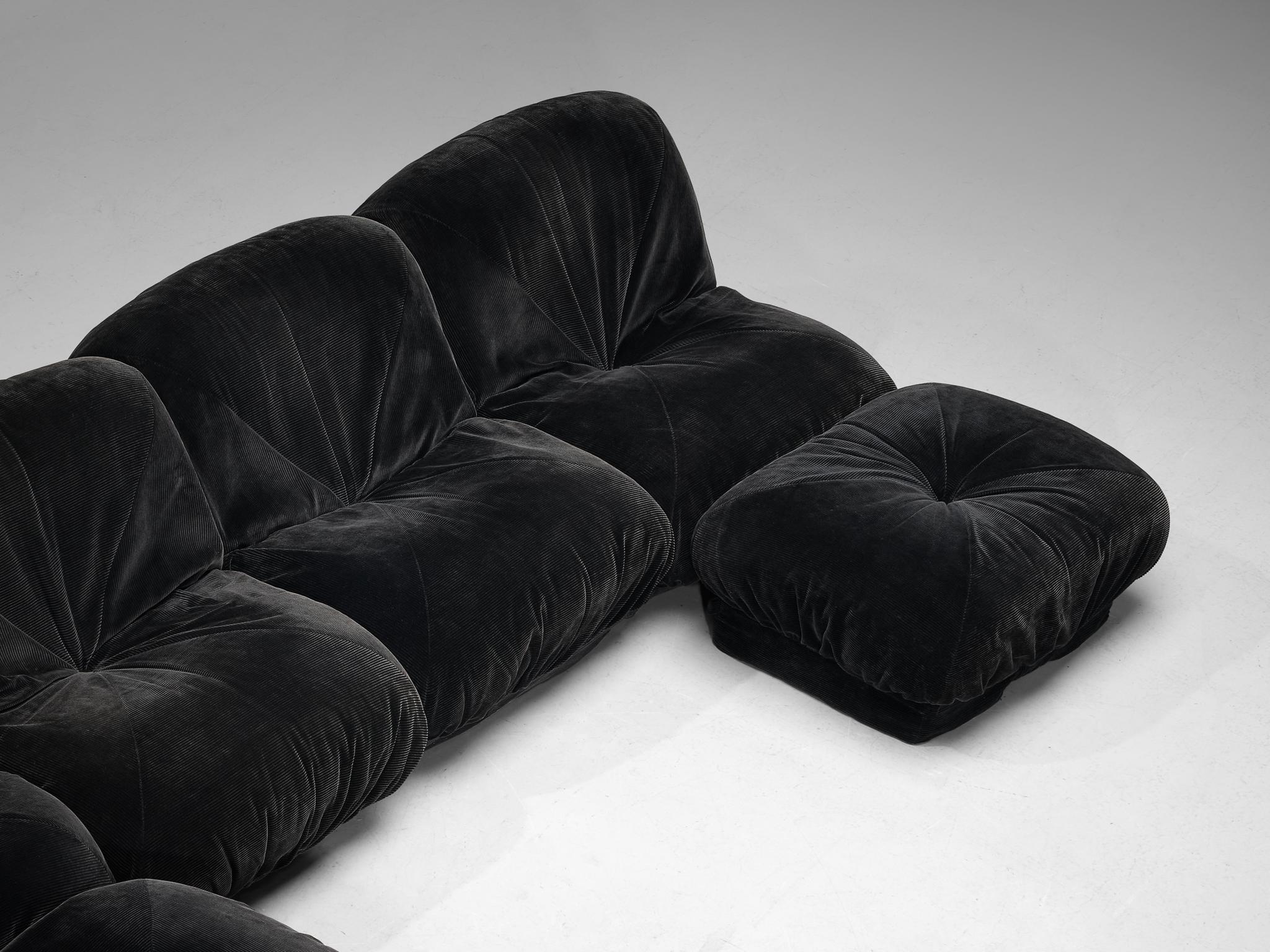 Mid-Century Modern Airborne Sectional Sofa with Ottoman 'Patate' in Black Velvet Corduroy