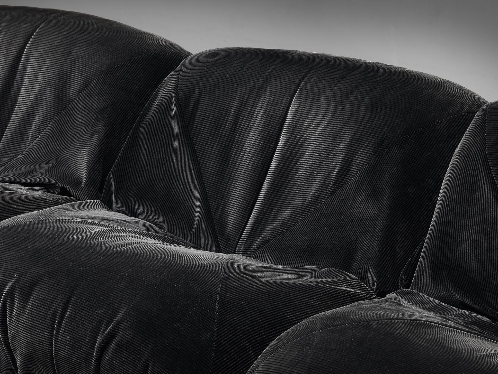 French Airborne Sectional Sofa with Ottoman 'Patate' in Black Velvet Corduroy