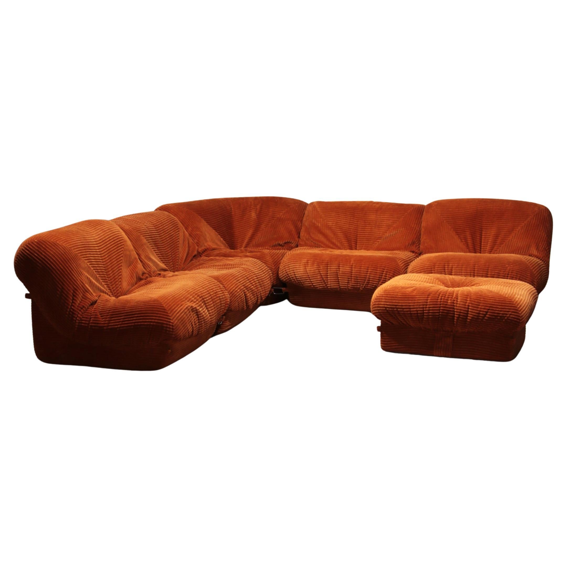 Airborne sectional sofa with ottoman 'Patate' in orange Corduroy wide ribbed  For Sale