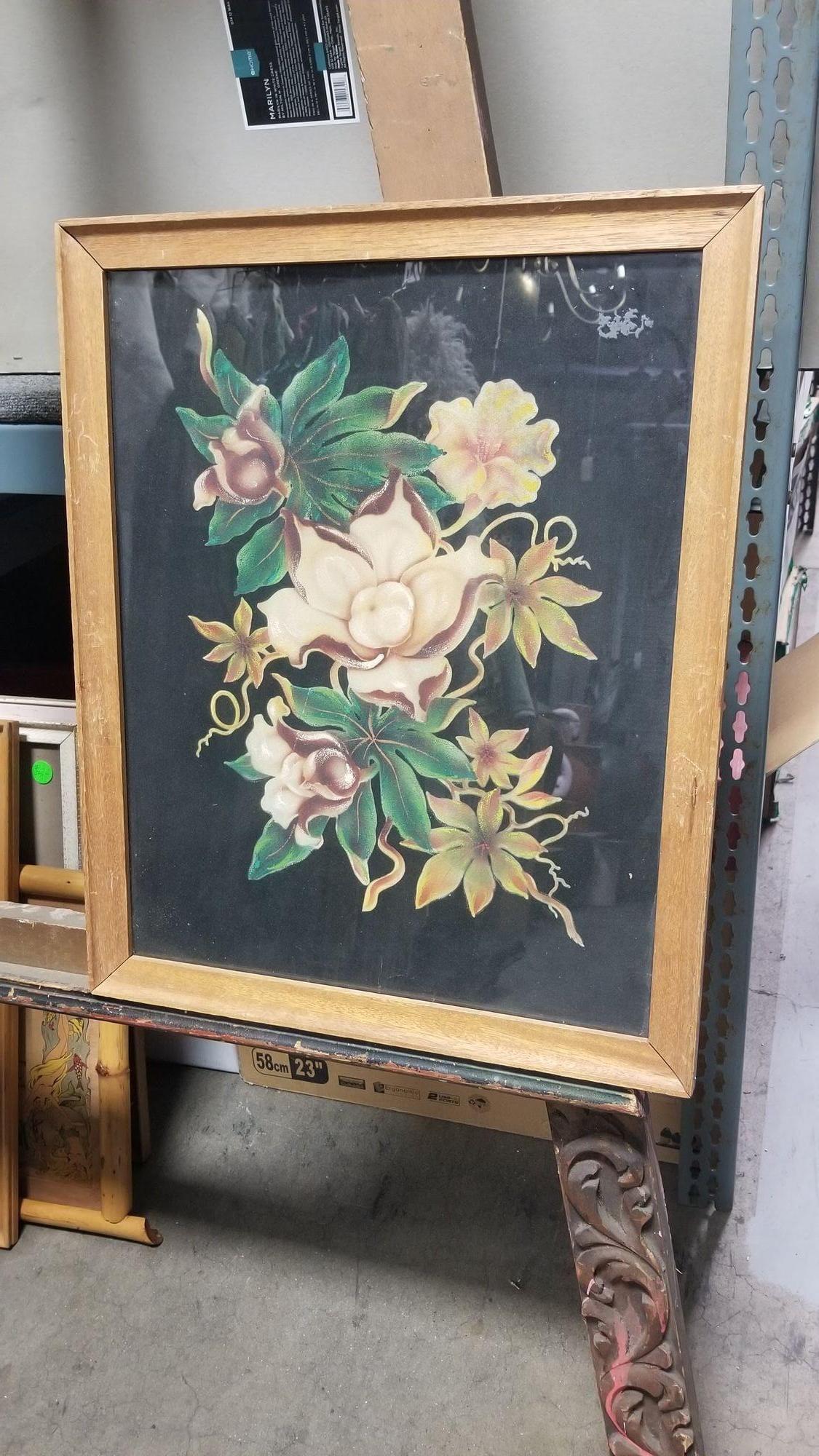 Airbrush Tropical Floral on Velvet Wood Rose by Frank Y Oda, Framed In Excellent Condition In Van Nuys, CA
