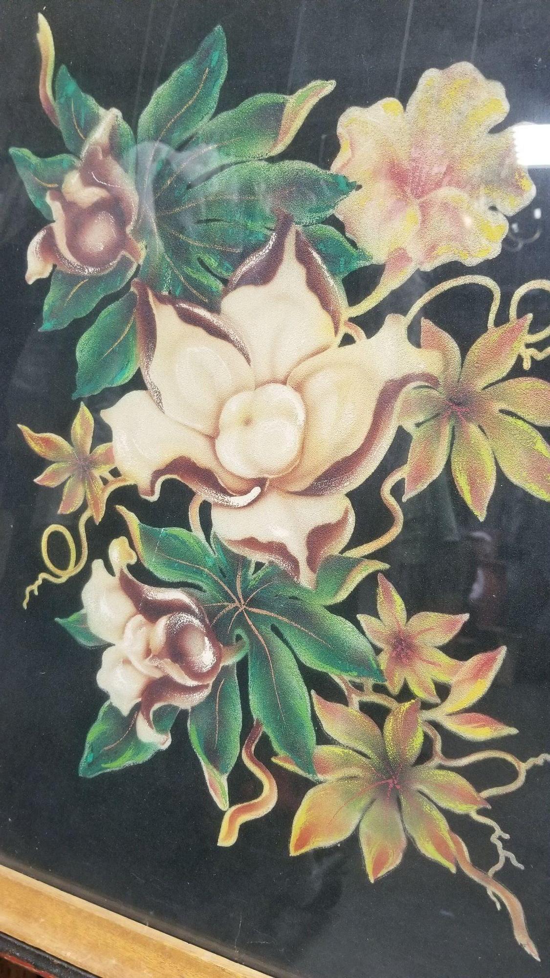 Mid-20th Century Airbrush Tropical Floral on Velvet Wood Rose by Frank Y Oda, Framed