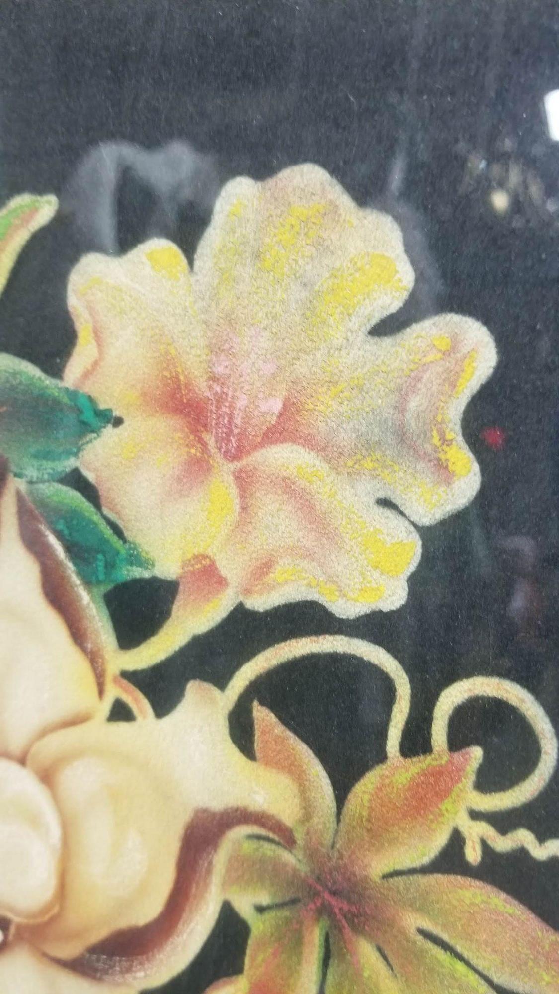 Airbrush Tropical Floral on Velvet Wood Rose by Frank Y Oda, Framed For Sale 1