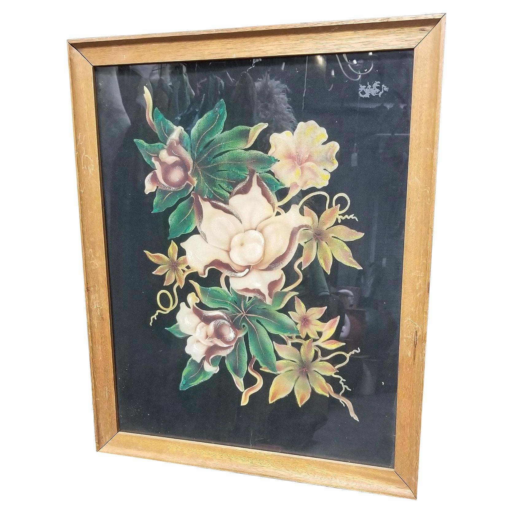 Airbrush Tropical Floral on Velvet Wood Rose by Frank Y Oda, Framed For Sale