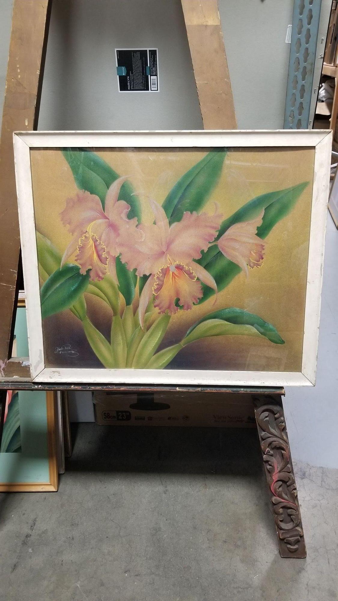 Airbrush Watercolor White Pink Hibiscus signed Frank Oda Hale Pua Hawaii In Excellent Condition In Van Nuys, CA