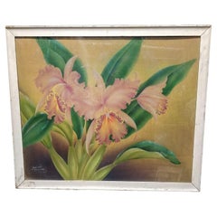 Vintage Airbrush Watercolor White Pink Hibiscus signed Frank Oda Hale Pua Hawaii