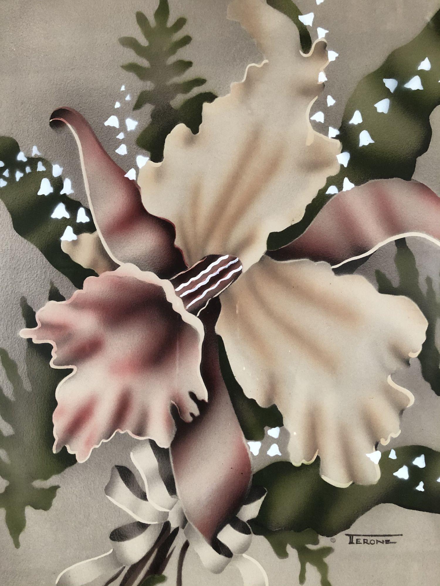 Original artwork Pink Daffodil Hawaiian Flowers with a bow (original airbrushed over a print) signed by Terone. In hardwood frame with carved details. A great example of the post-WWII Hawaiian and tropical artwork/decorating boom. Great for vintage
