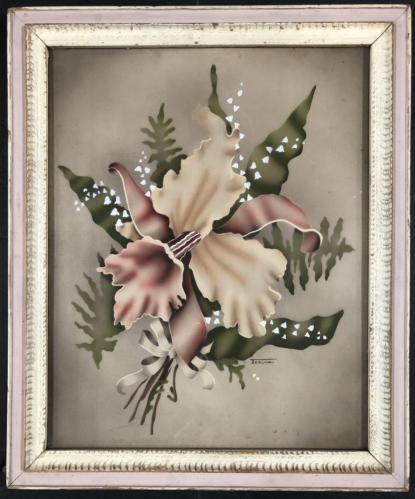 Airbrushed Daffodil Flowers with Bow Mid Century Art Signed by Terone In Excellent Condition For Sale In Van Nuys, CA