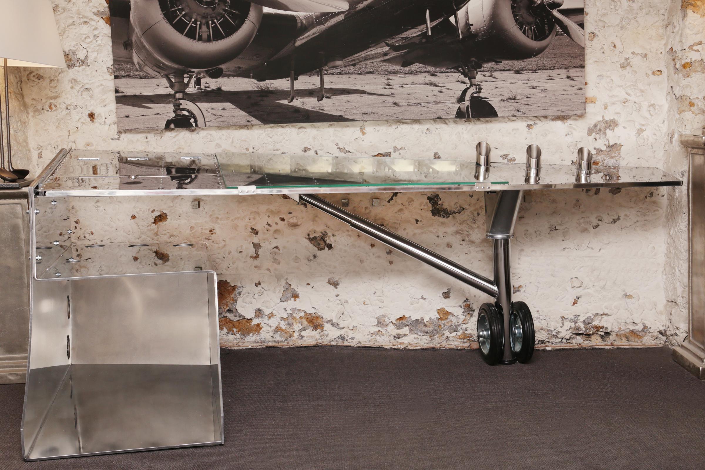 French Aircraft Wing Desk in Riveted Polished Aluminium For Sale