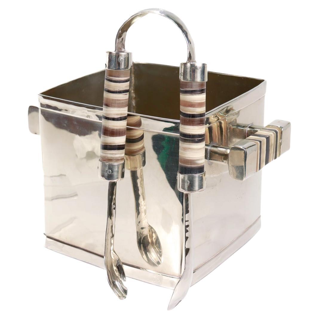 Airedelsur Capa Ice Bucket & Tongs in Alpaca Metal with Horn Handles For Sale
