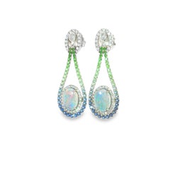 Aires Jewelers 18K WG Black Opal, Tsavorite, Sapp. & Dia. Dangle Earrings