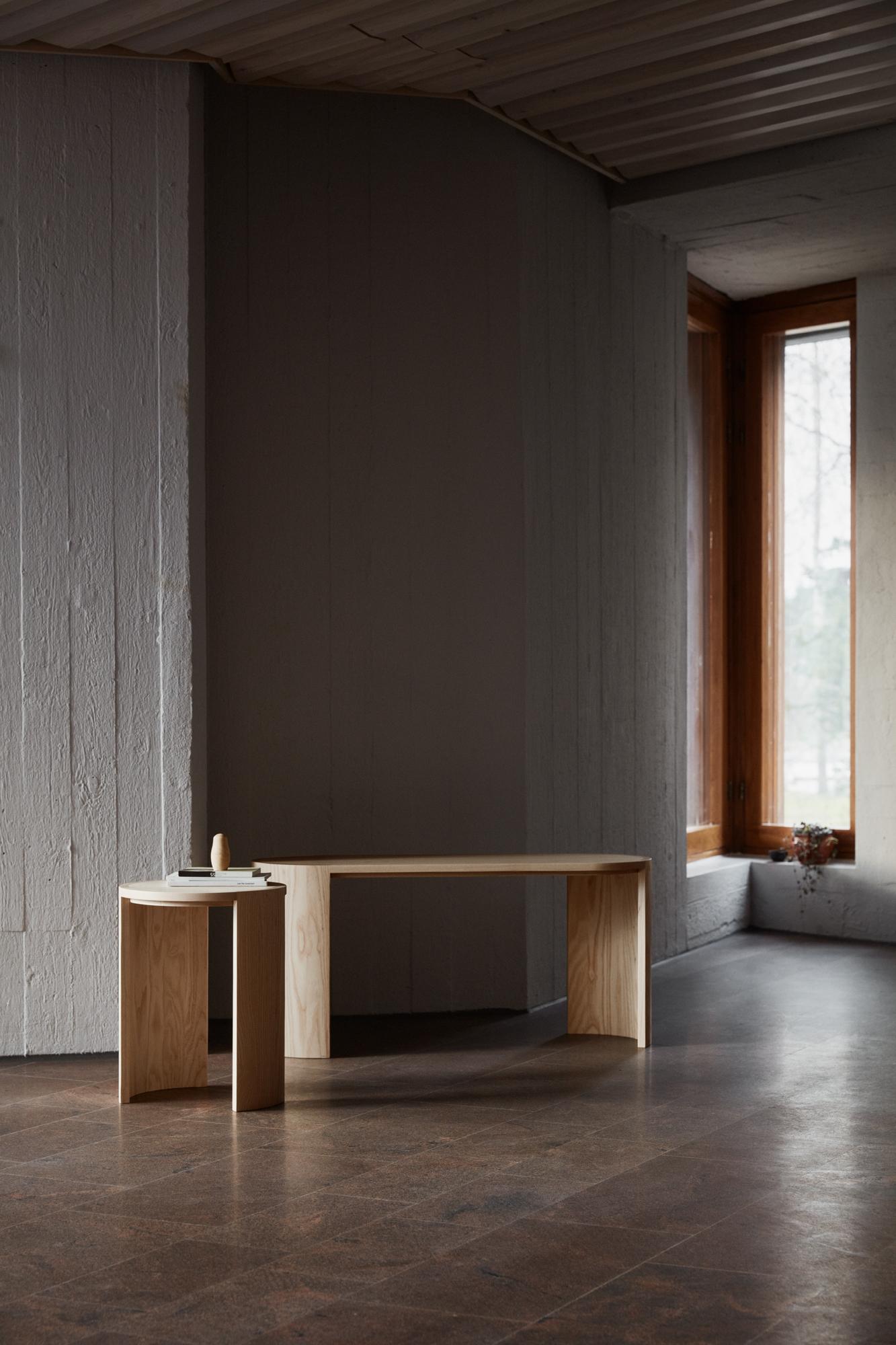 Hand-Crafted Airisto Side Table and Bench, a Modern Scandinavian Wooden Design Piece For Sale