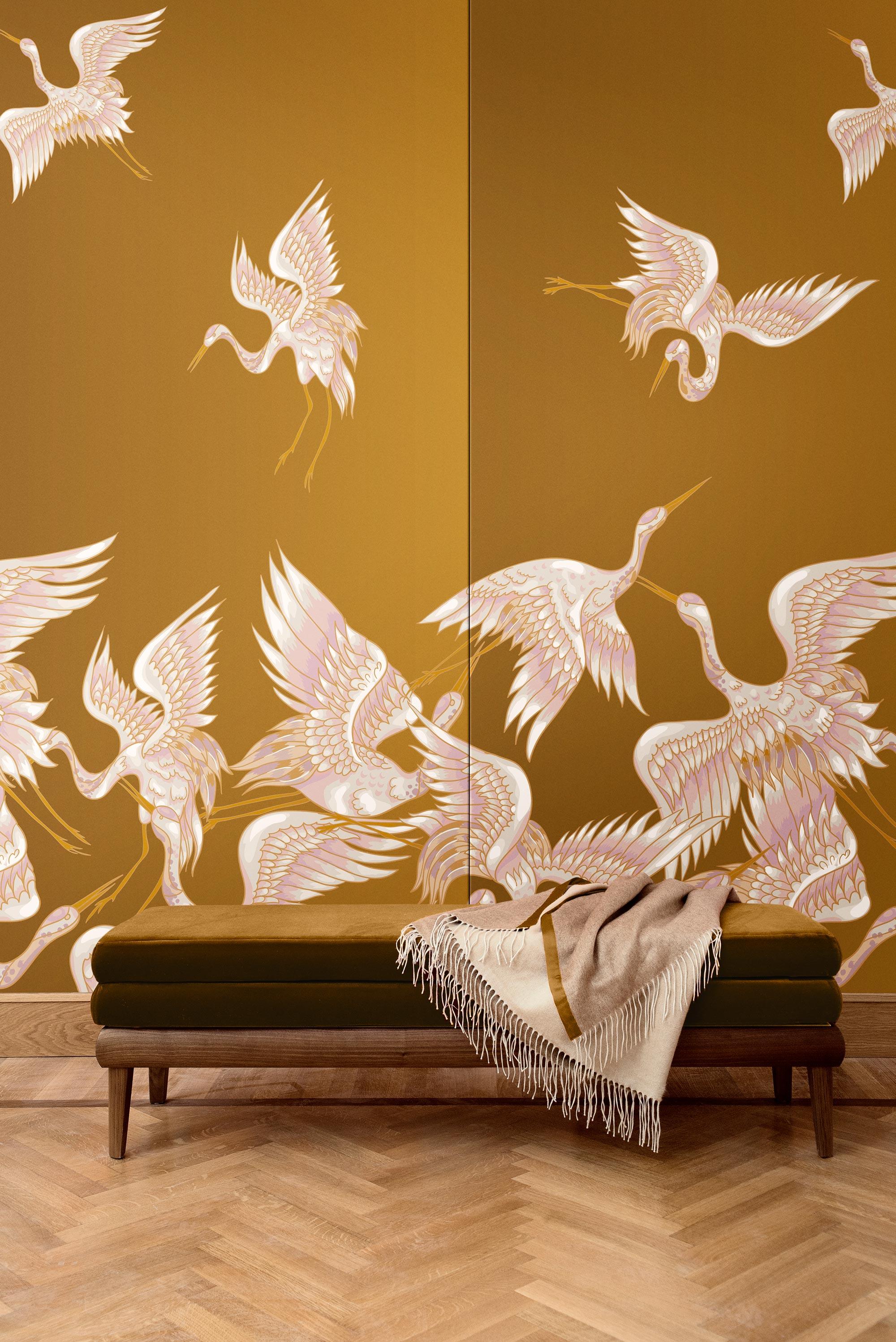 Our collection Herons, decorative and dreamy, shows a group of herons taking flight. The contemporary colors create a new contrast with the Japanese inspired design.
  