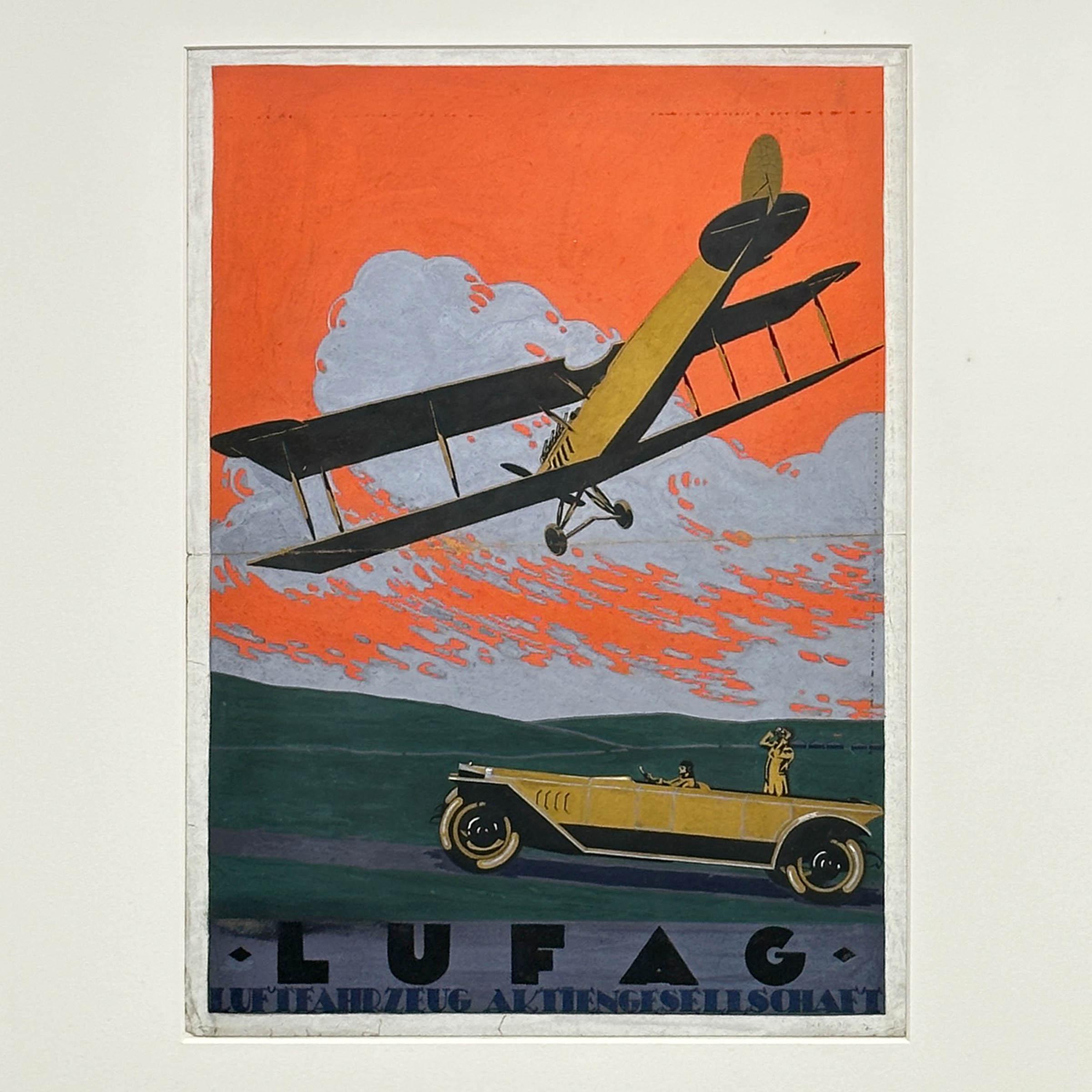 Austrian Airplane Automobile Art Deco c. 1920 Advertising Original Gouache 21×28 For Sale