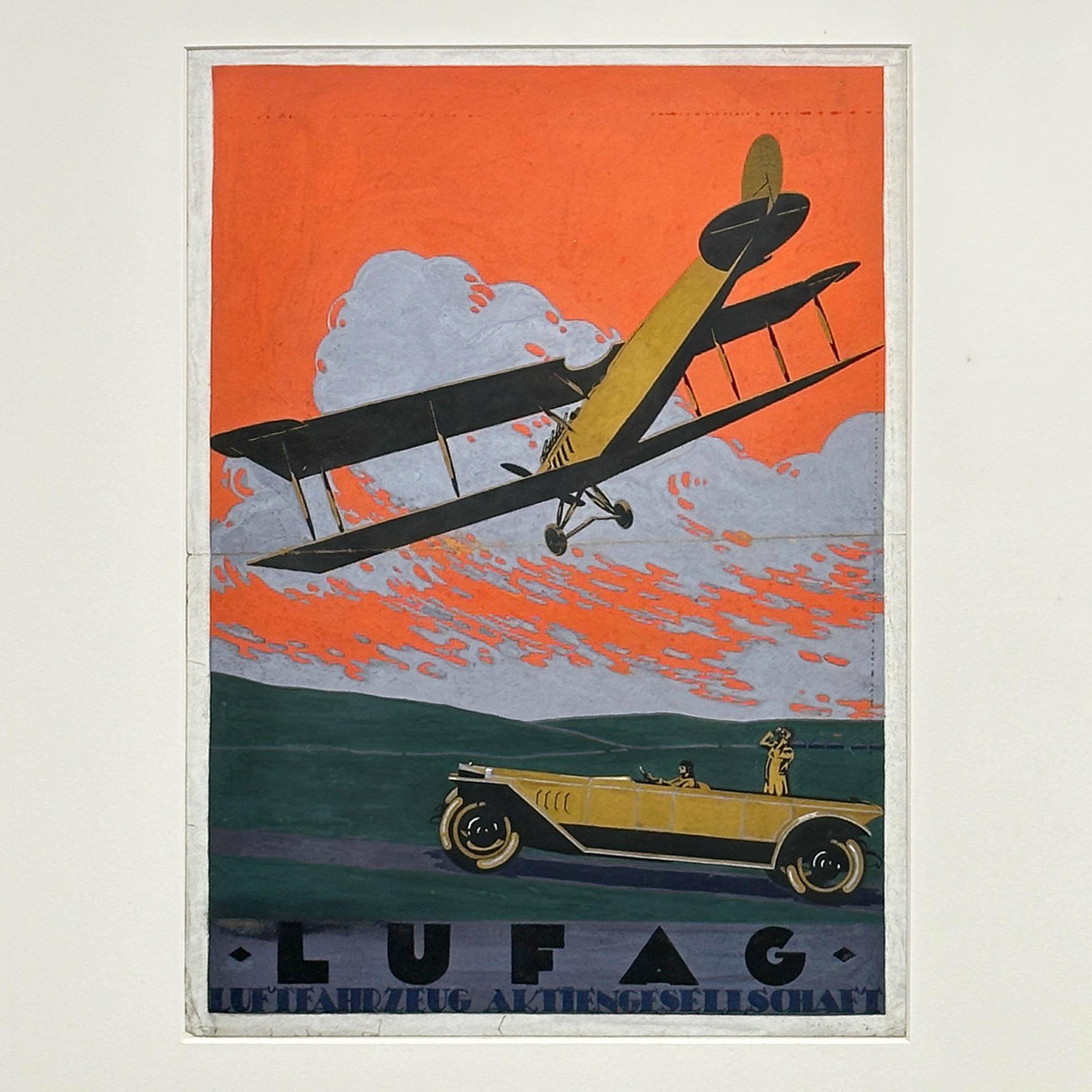 Art déco Avion Automobile Art Deco c. 1920 Publicité Gouache originale 21×28