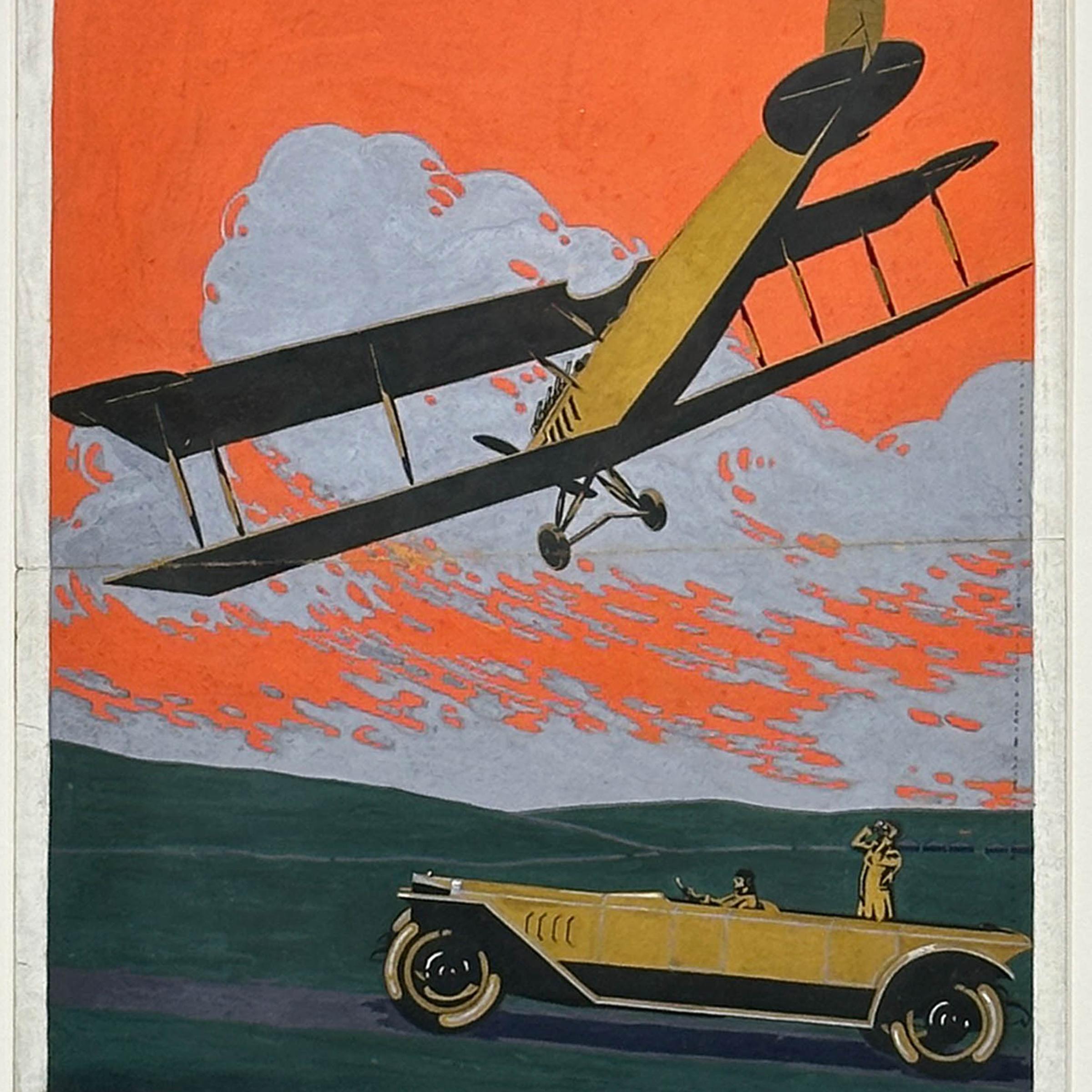 Hand-Painted Airplane Automobile Art Deco c. 1920 Advertising Original Gouache 21×28 For Sale