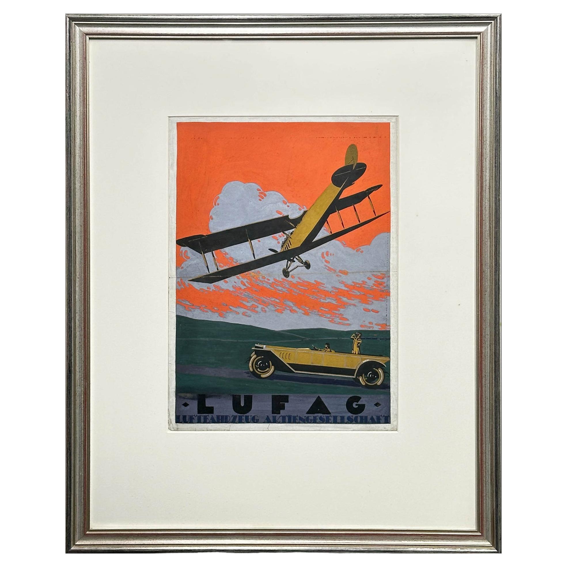 Airplane Automobile Art Deco c. 1920 Advertising Original Gouache 21×28 For Sale